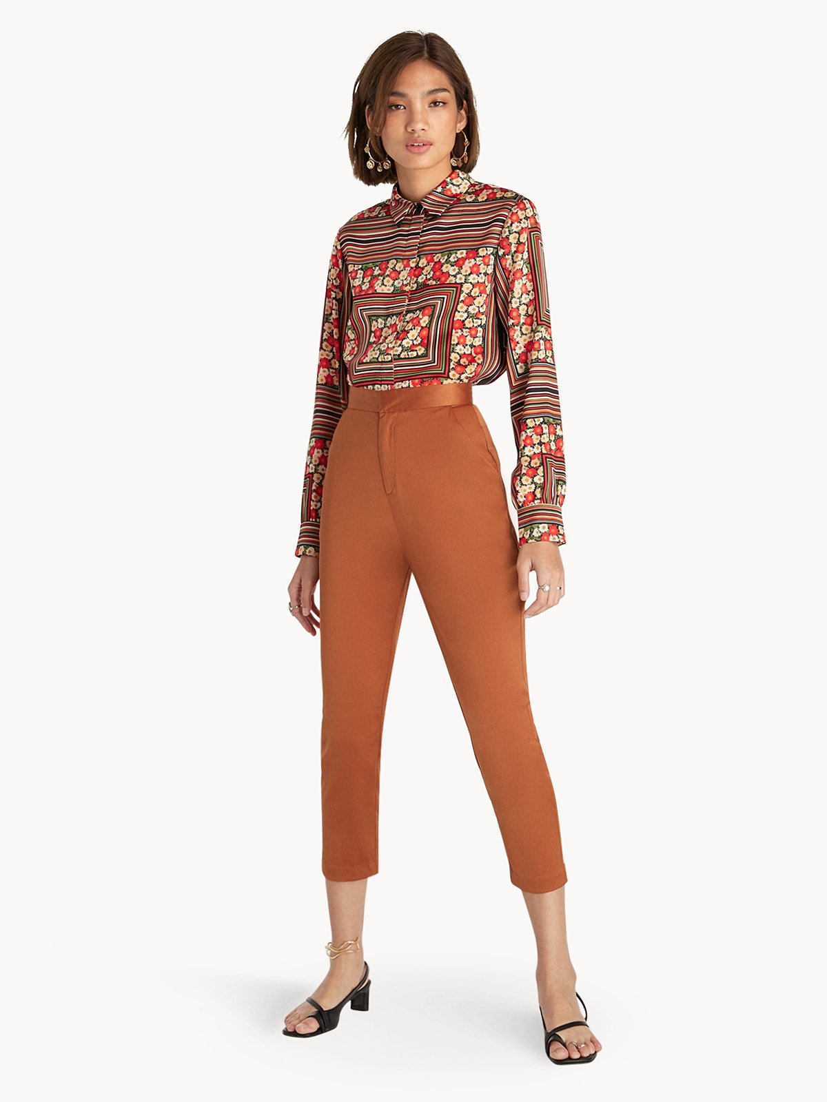 High Waisted Satin Crop Pants Brown Pomelo Fashion