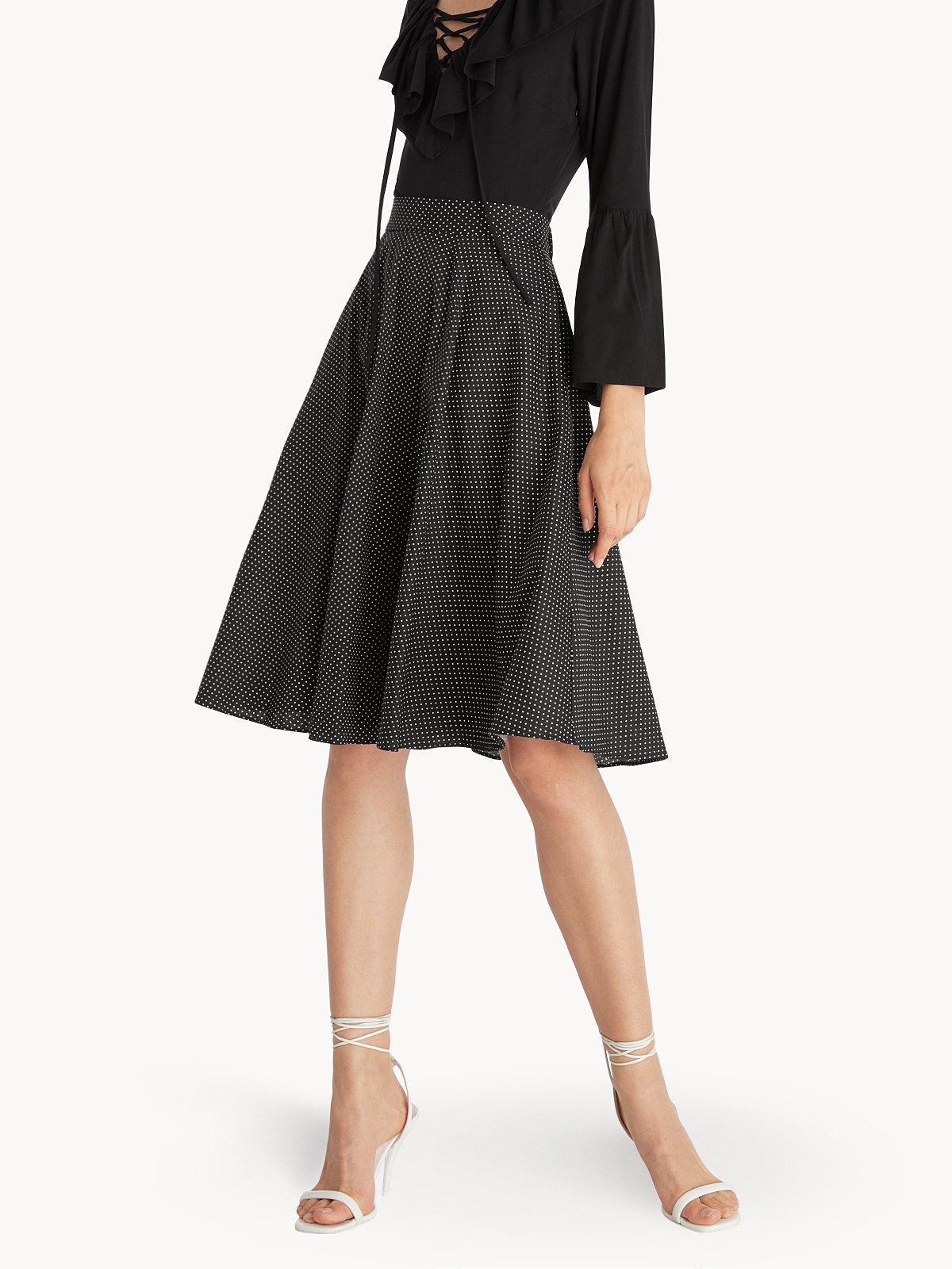 Polka Dot Knee Length Skirt Black Pomelo Fashion