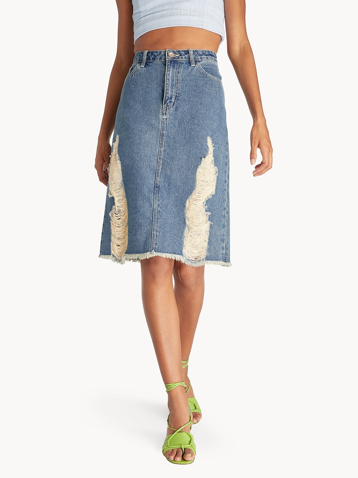 Midi Distressed Rip Denim Skirt Blue Pomelo Fashion