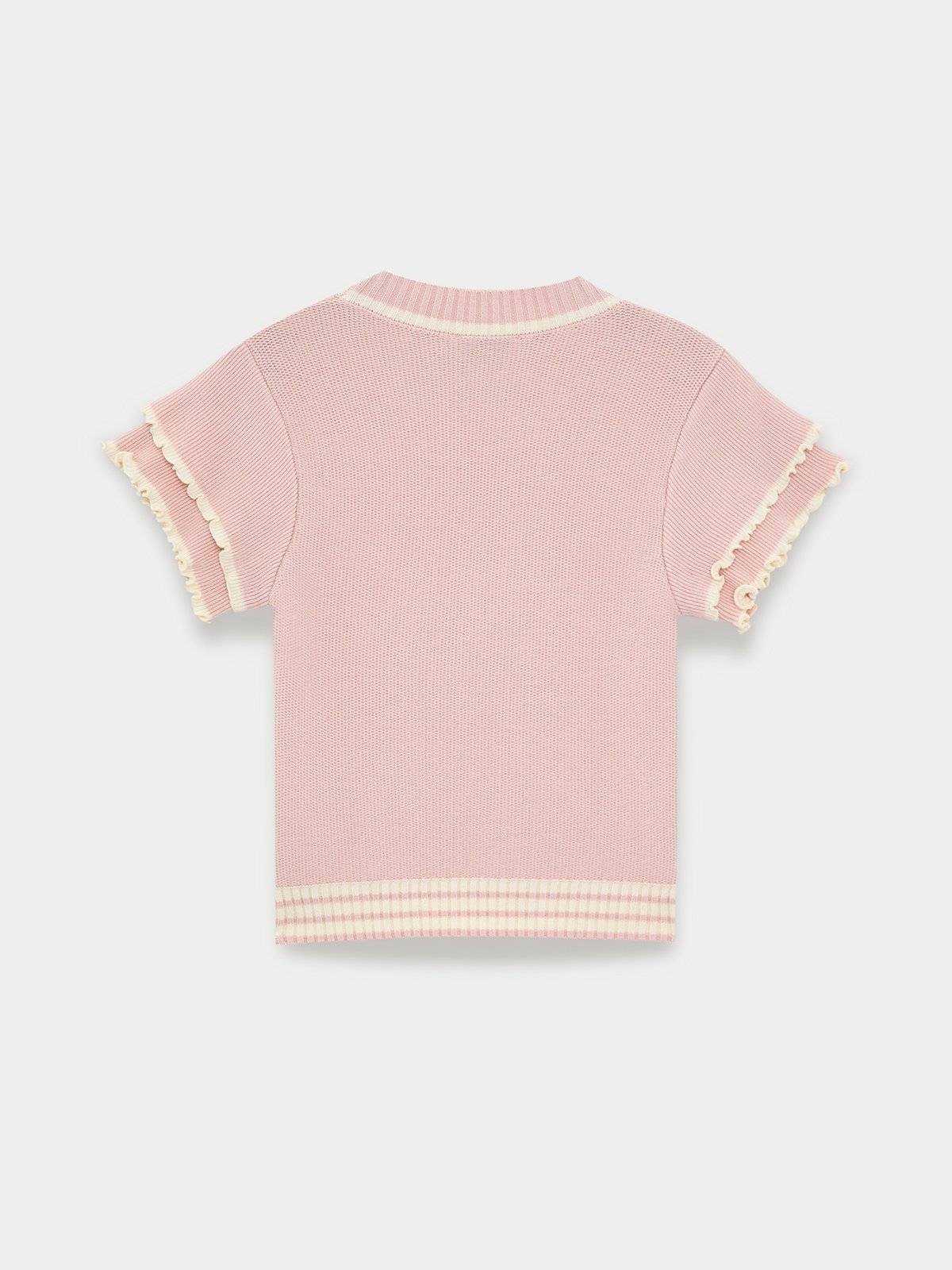 むぎちゃむFRILL HALF SLEEVE HAND KNIT TOPS Ruffle Hem Knit Top - Light Pink - Pomelo Fashion