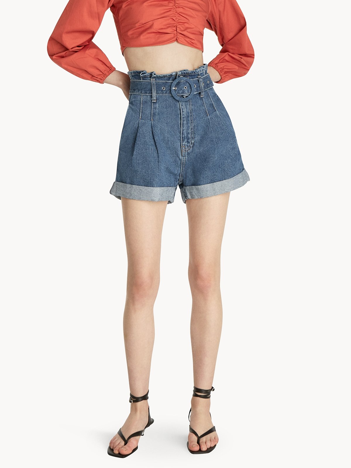 Belted paperbag denim shorts deals