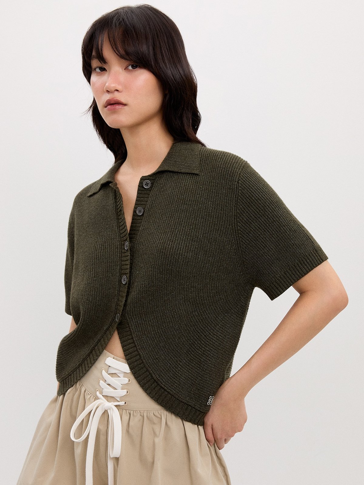 トップス cherryboy407 Curved Hem Knit Top - Olive - Pomelo Fashion