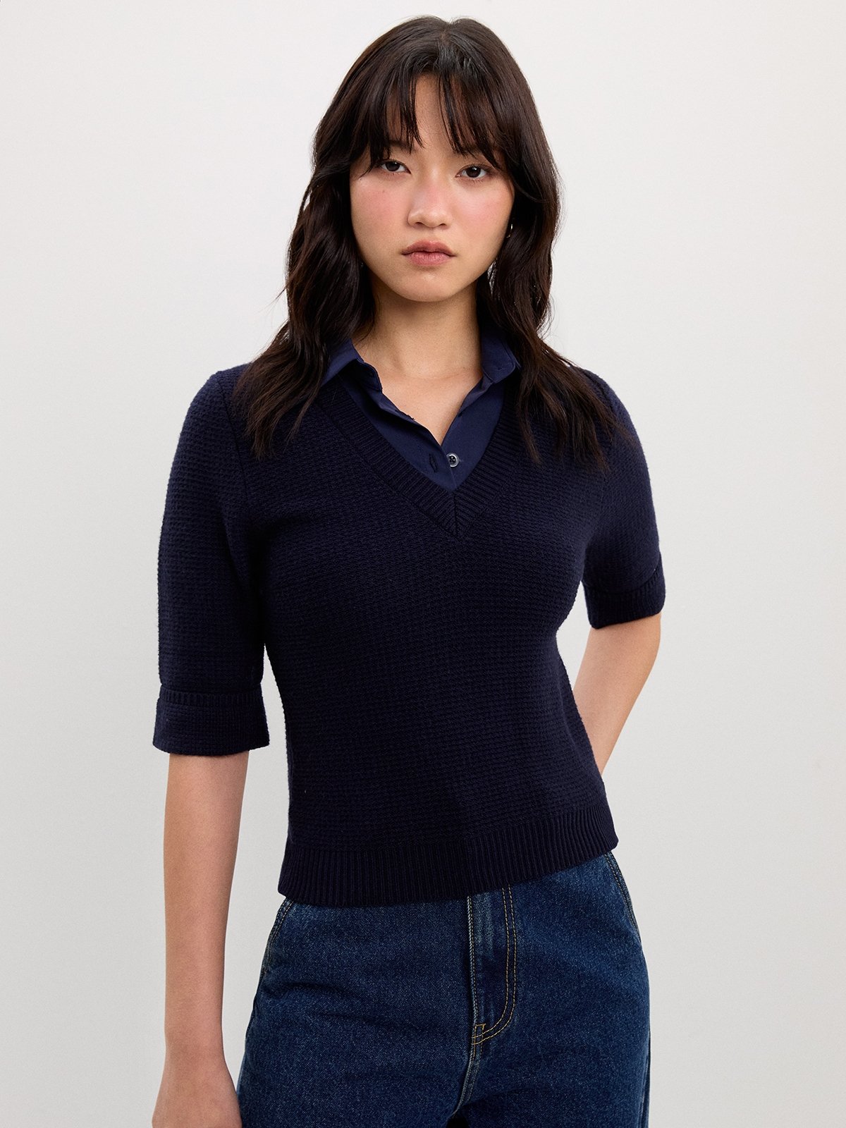 Layered V-Neck Knit Top Navy Pomelo Fashion