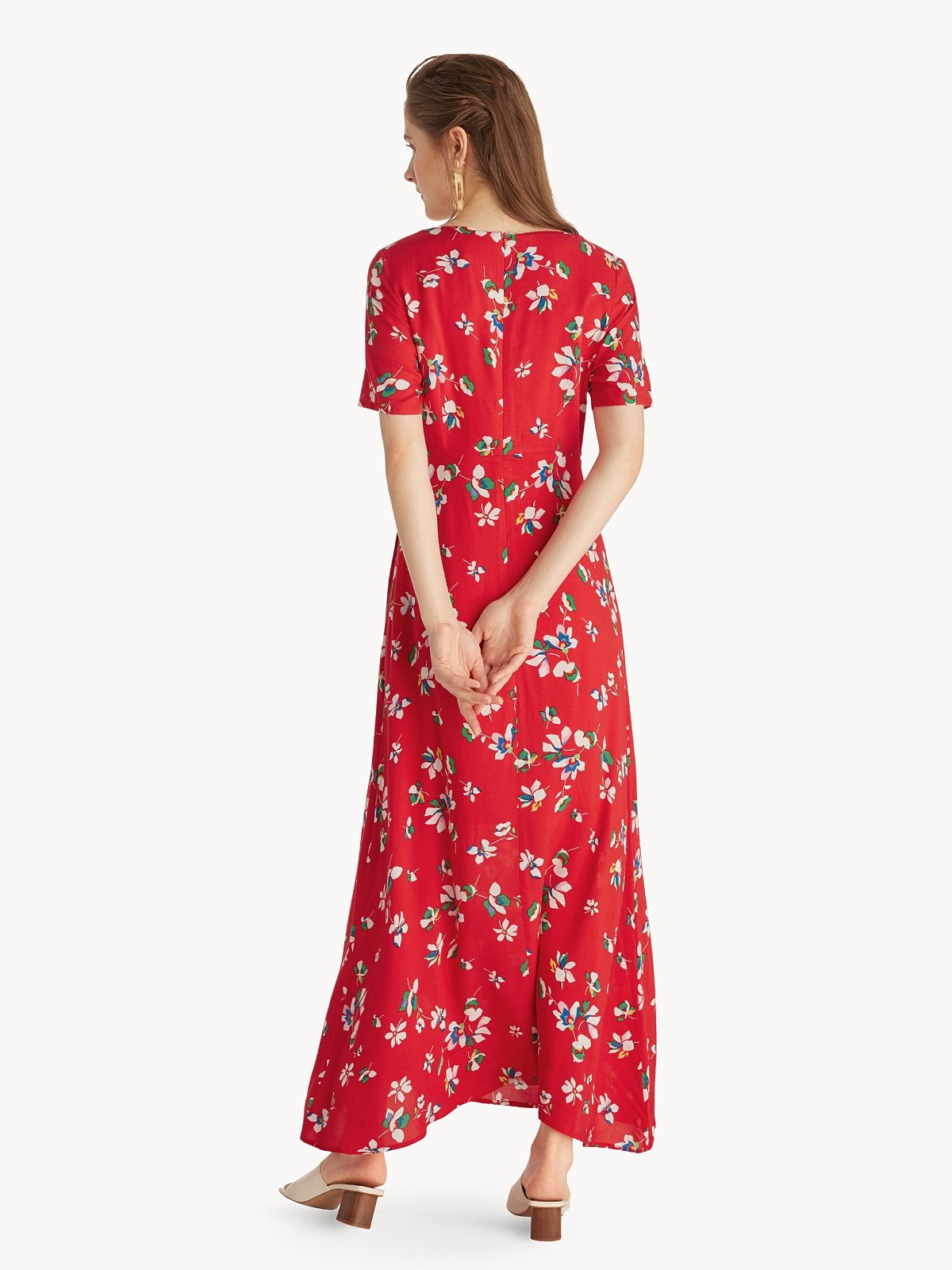 red floral print maxi dress