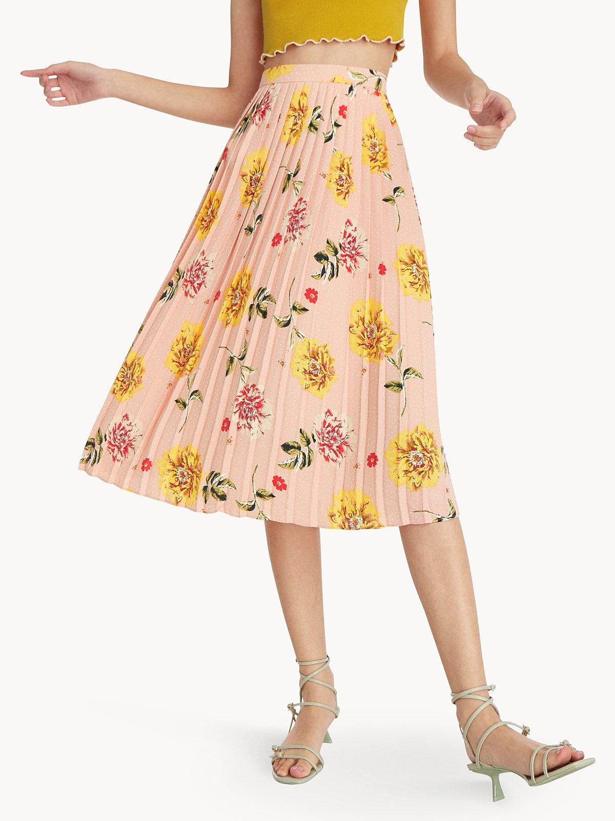Midi Pleated Floral Skirt Pink Pomelo Fashion