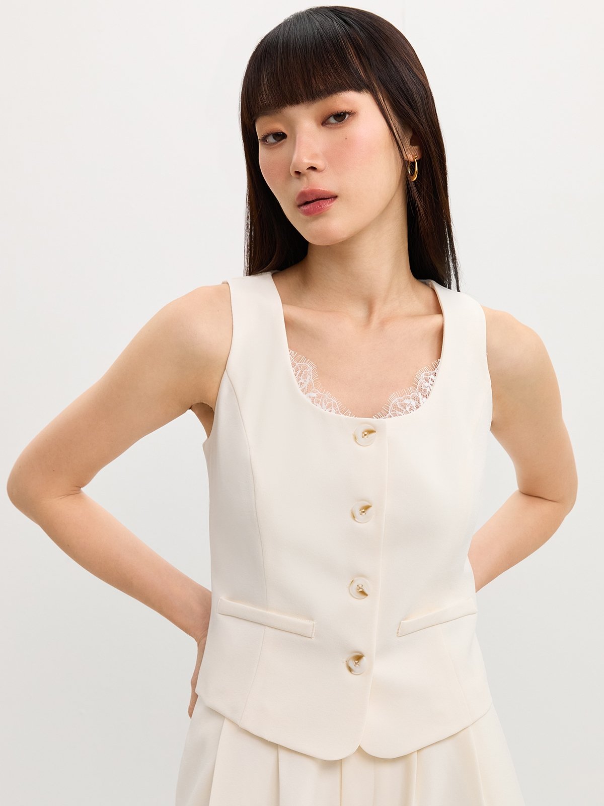 laubeblanc Fringe tweed vest ホワイト Fringe tweed vest – L'AUBE BLANC