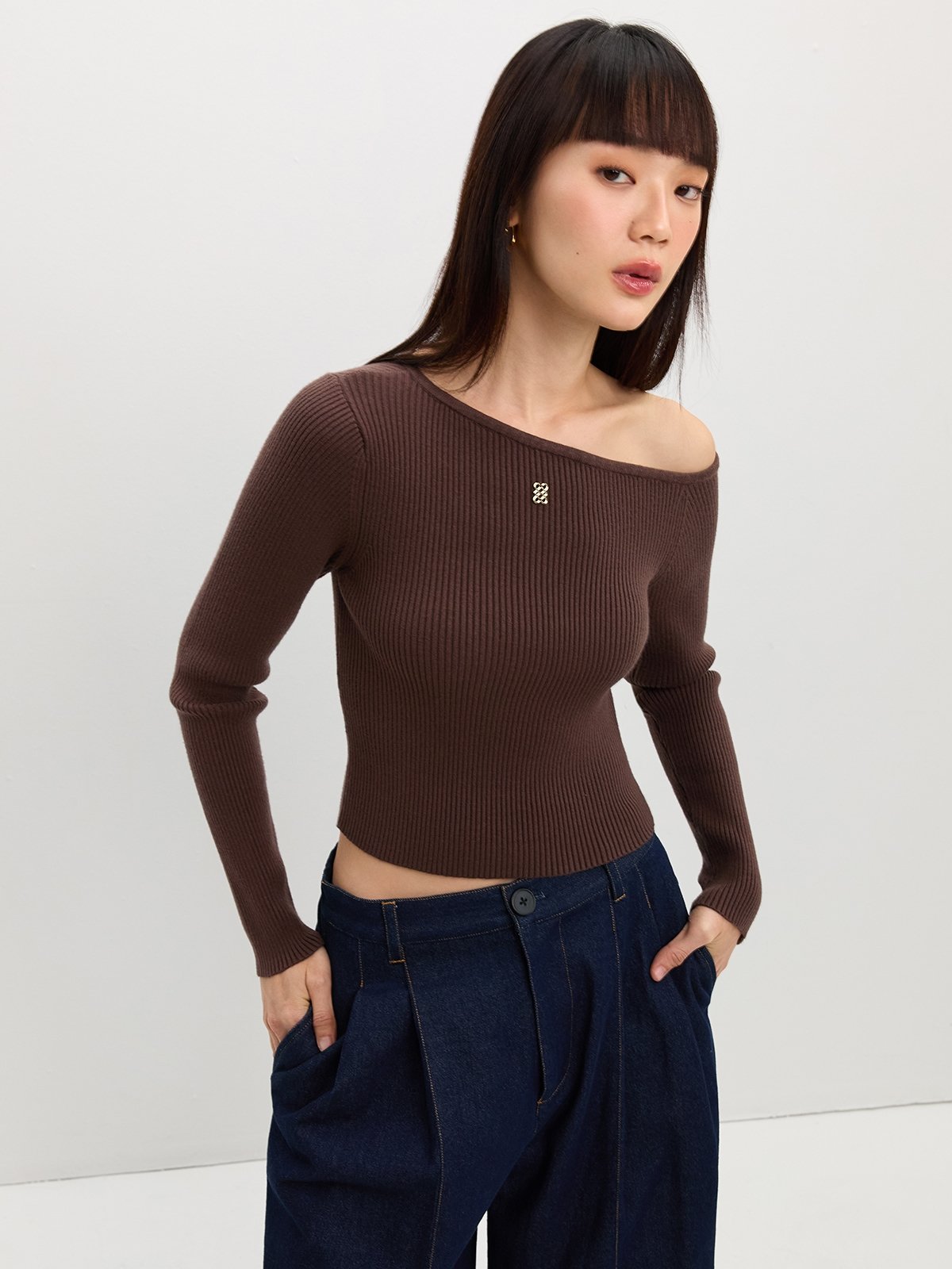 pomelo Pomelo Asymmetric Knit Top - Brown