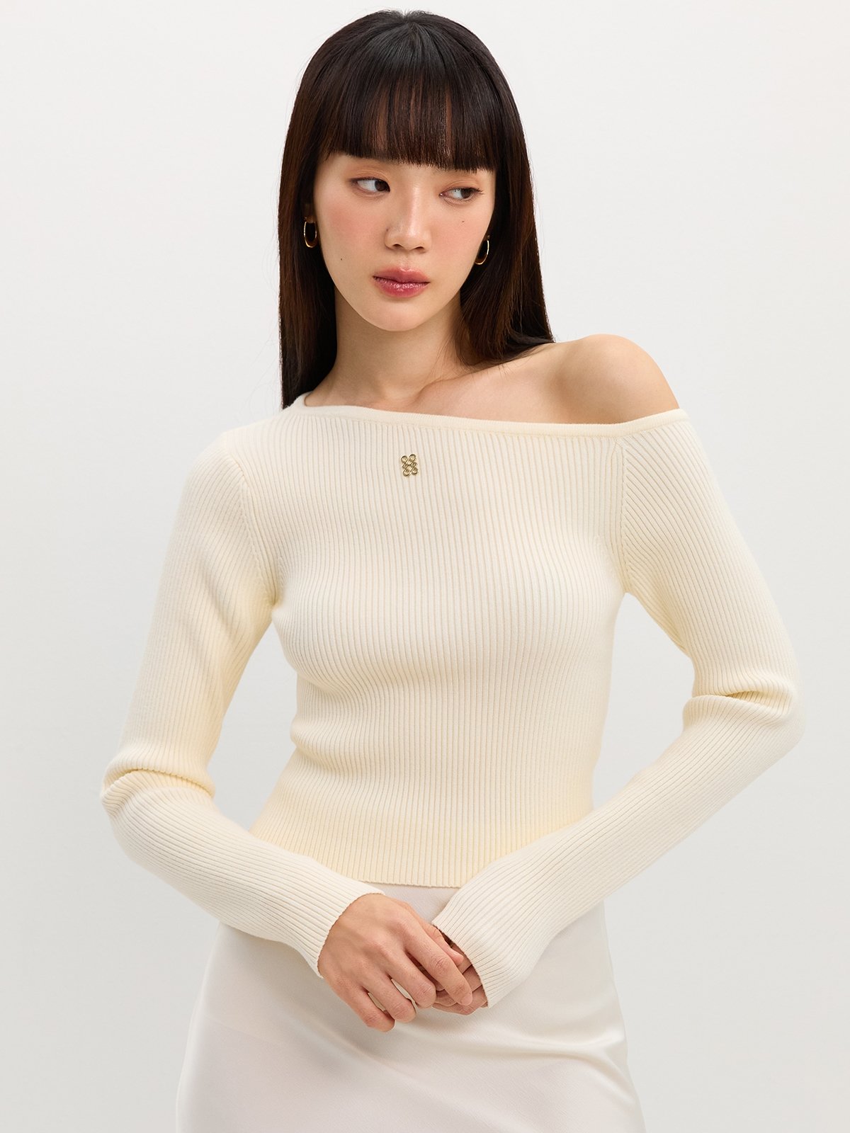 pomelo Pomelo Asymmetric Knit Top - Off-White
