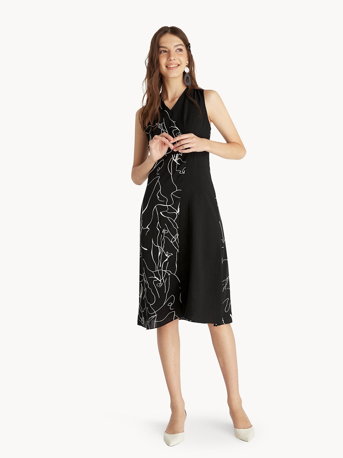 Midi Abstract Print Dress - Black - Pomelo Fashion