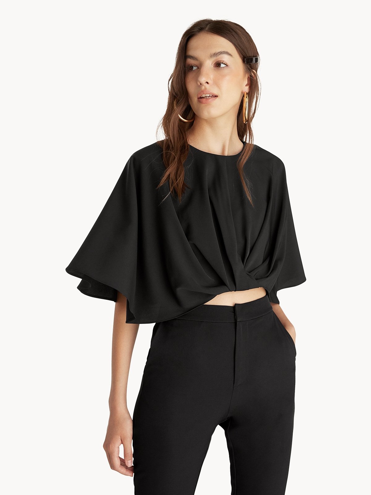 Knotted Crop Cape Sleeves Top Black Pomelo Fashion