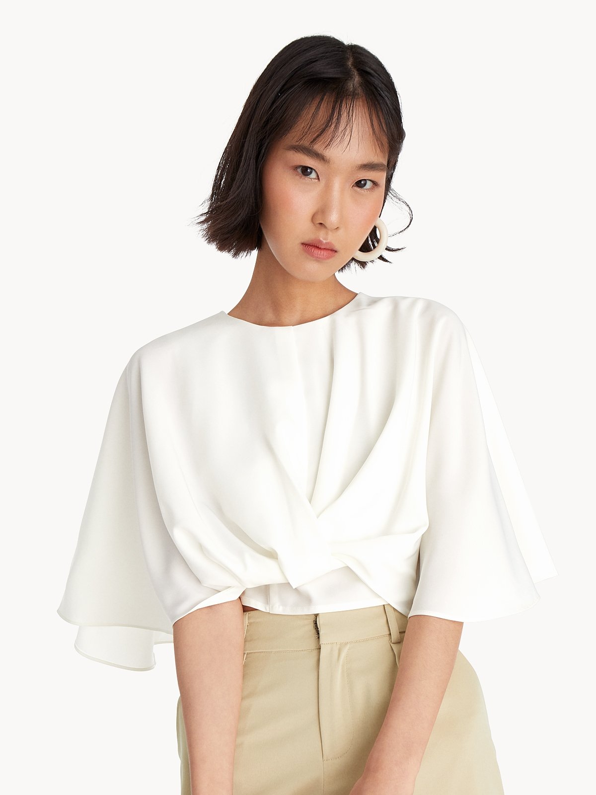 Knotted Crop Cape Sleeves Top White
