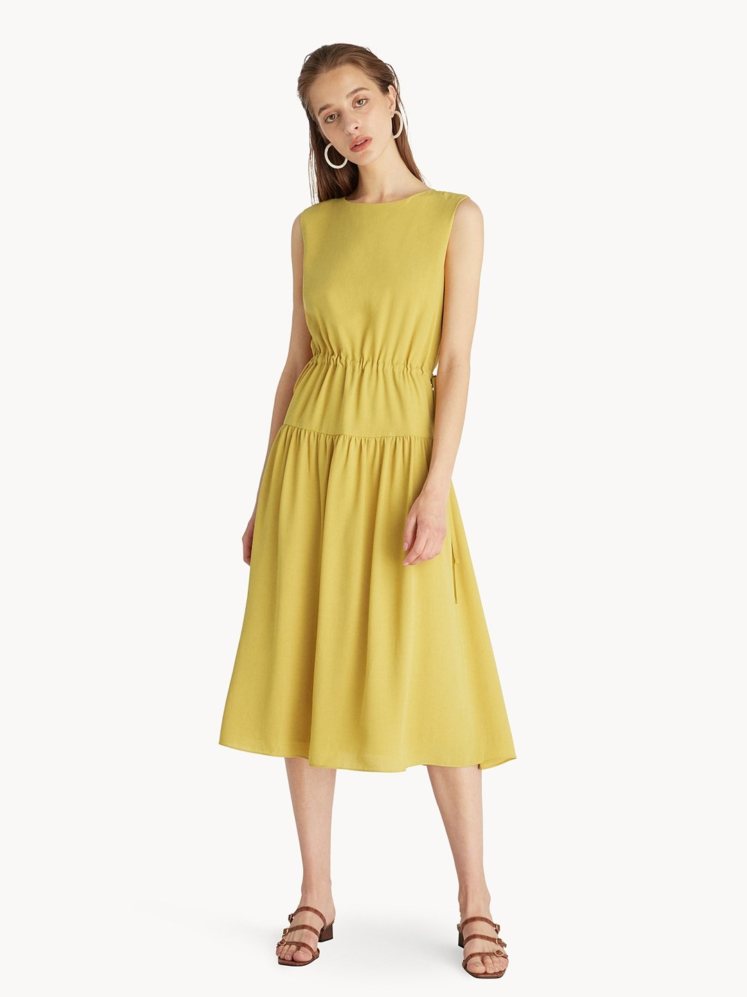 Midi Ruched Flare Dress - Yellow - Pomelo Fashion