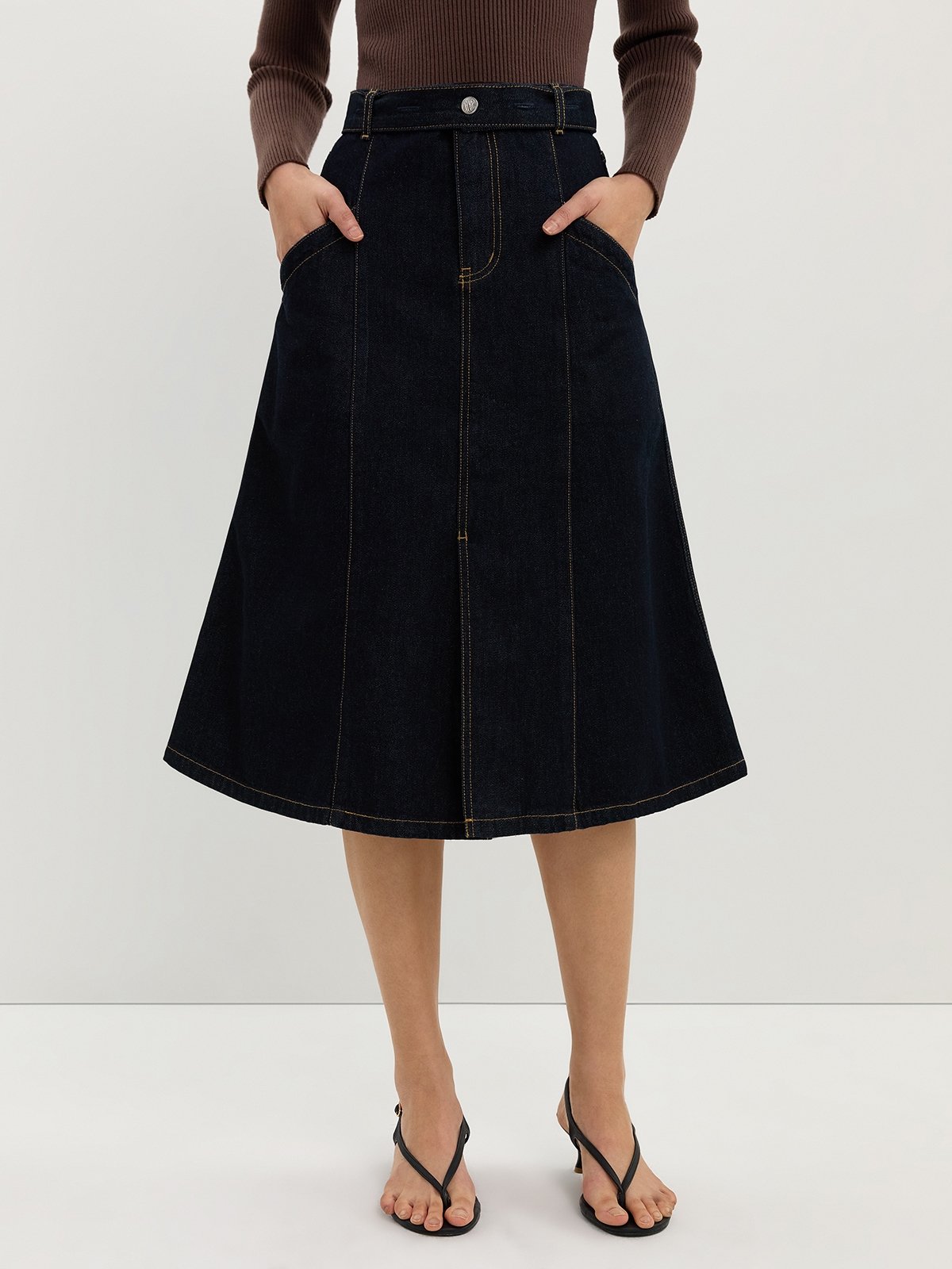 【Anyone more】Poi Denim Stitch Skirt Contrast Stitch Denim Skirt - Indigo - Pomelo Fashion
