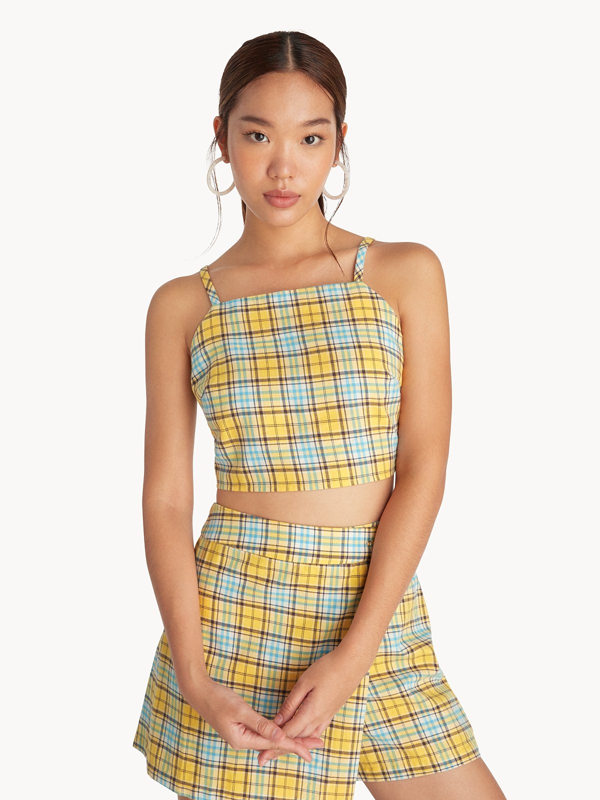 Plaid Cropped Diamond Neck Top Yellow Pomelo Fashion