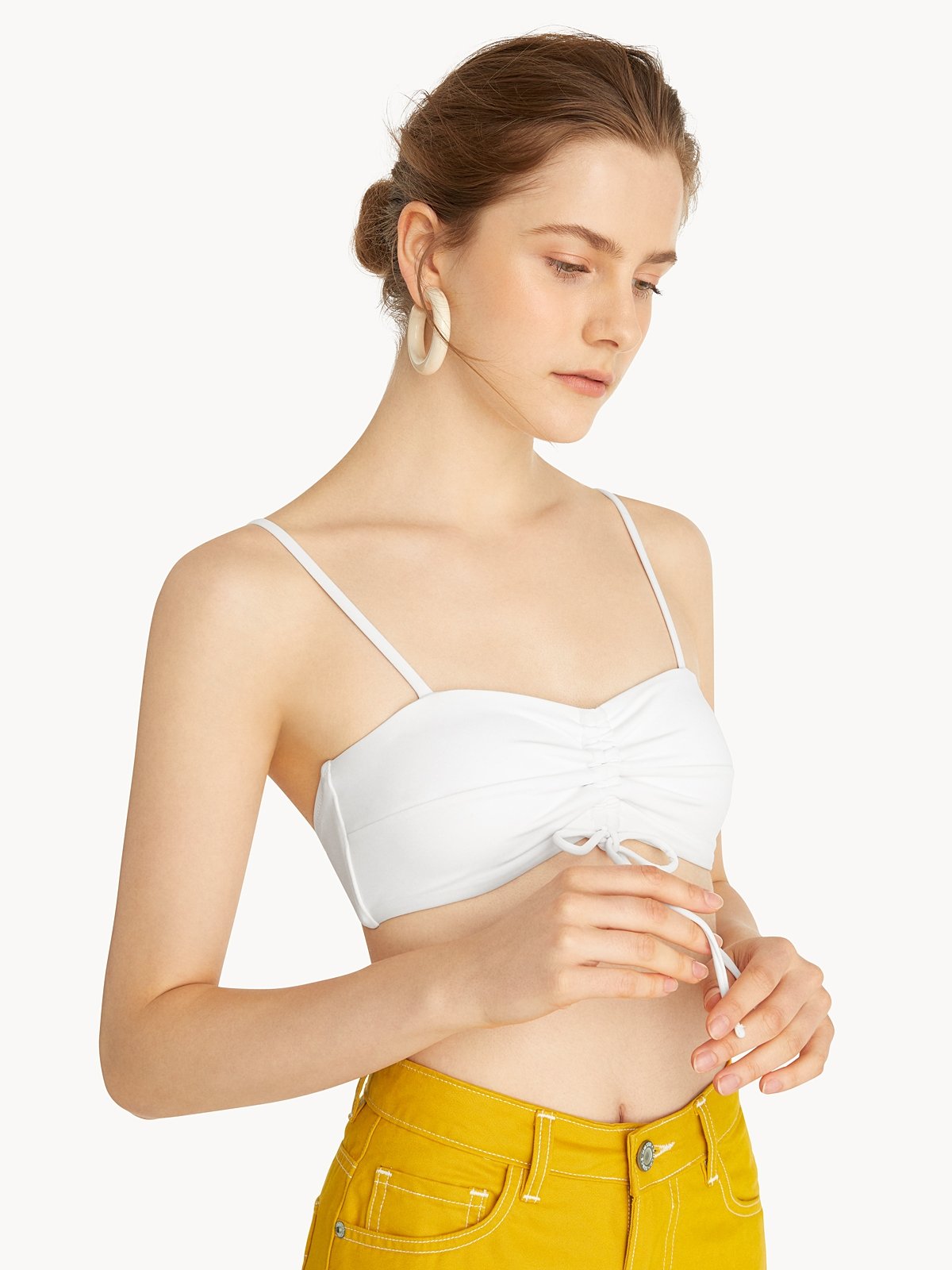 Spaghetti Strap Ruched Bikini Top White Pomelo Fashion