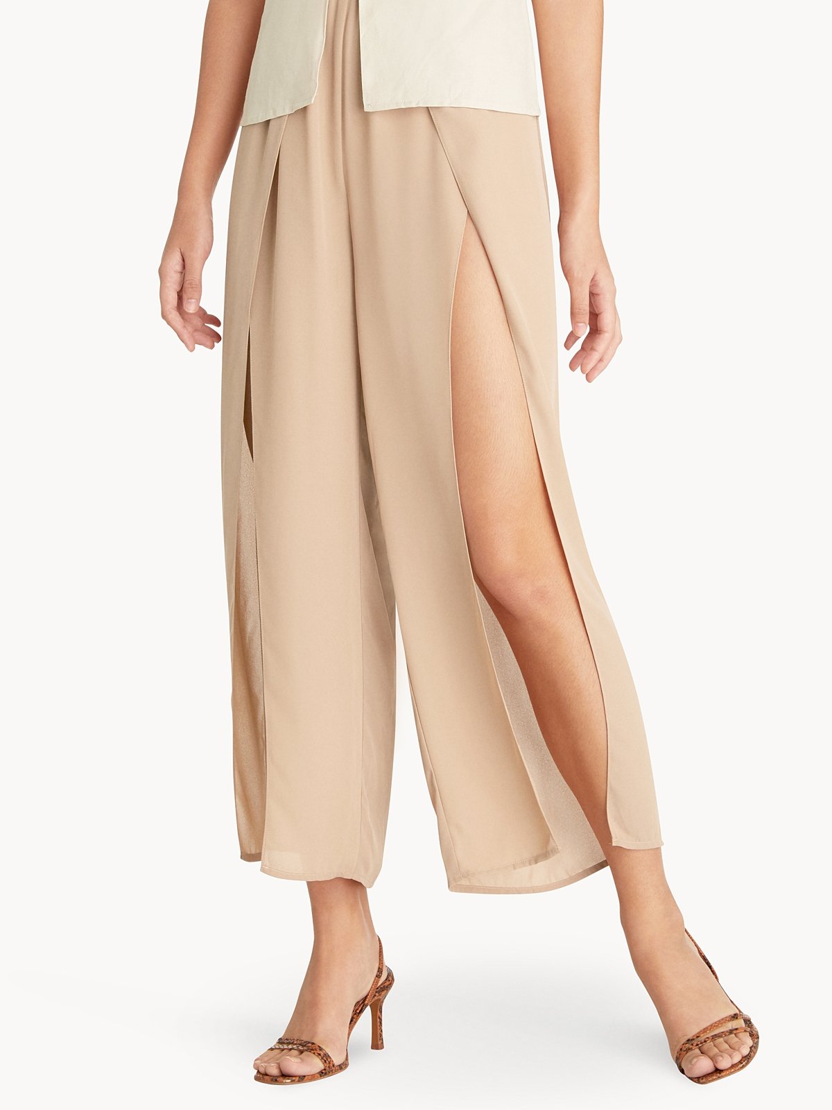 Beige Wide Leg Pants with Slit Detail Online Shopping