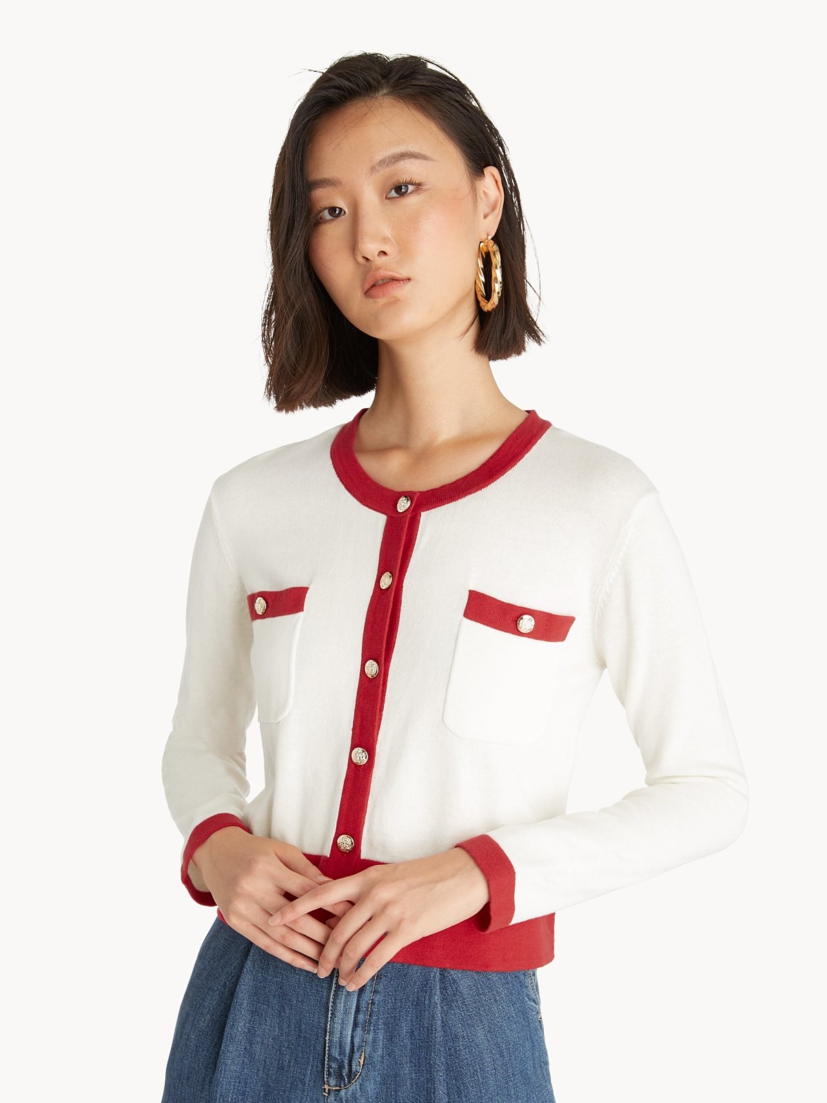 Two Tone Button Up Cardigan Red