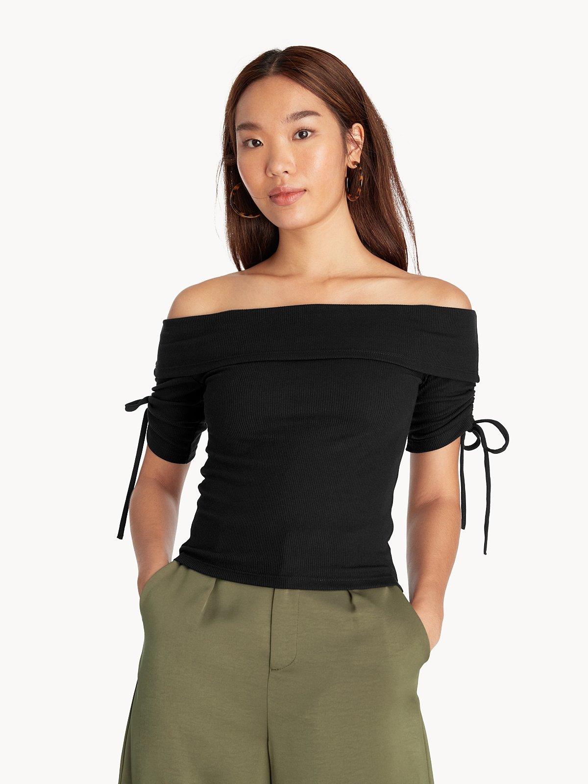 Black ruched off the shoulder top hot sale
