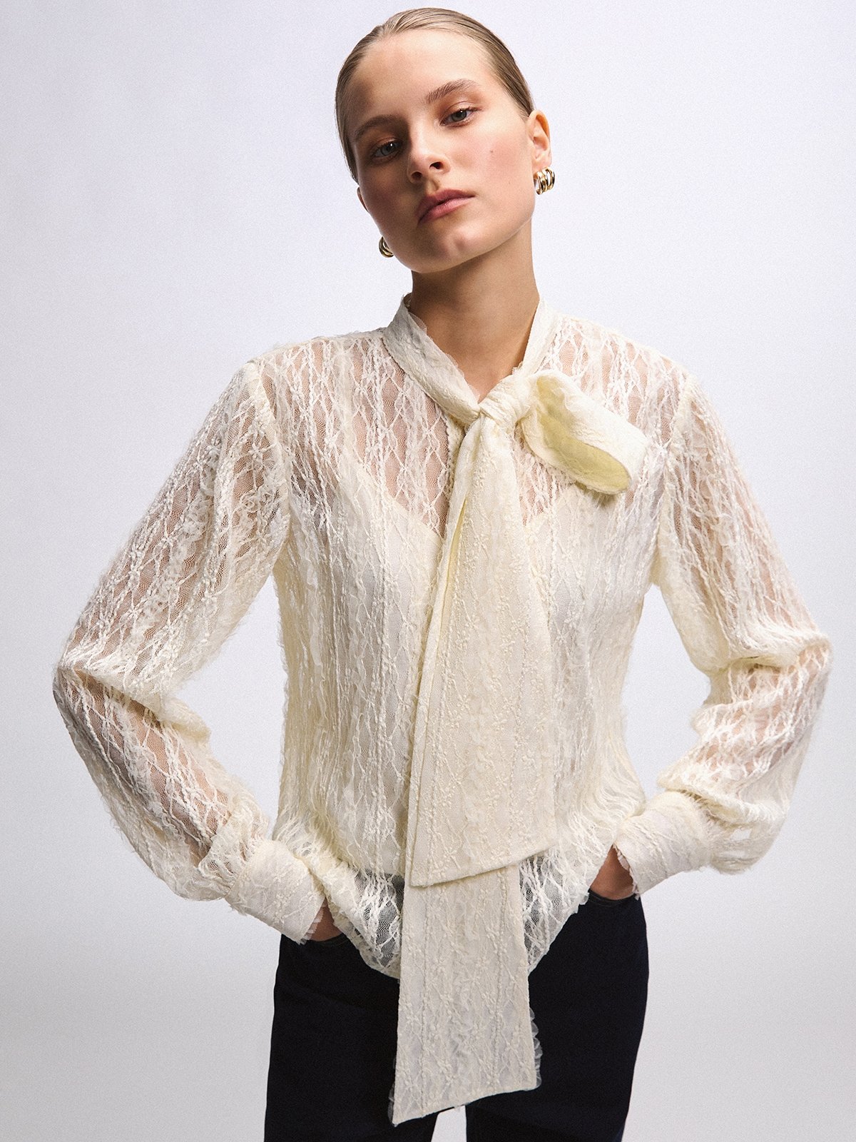 Lace Tie Blouse - Ivory - Pomelo Fashion