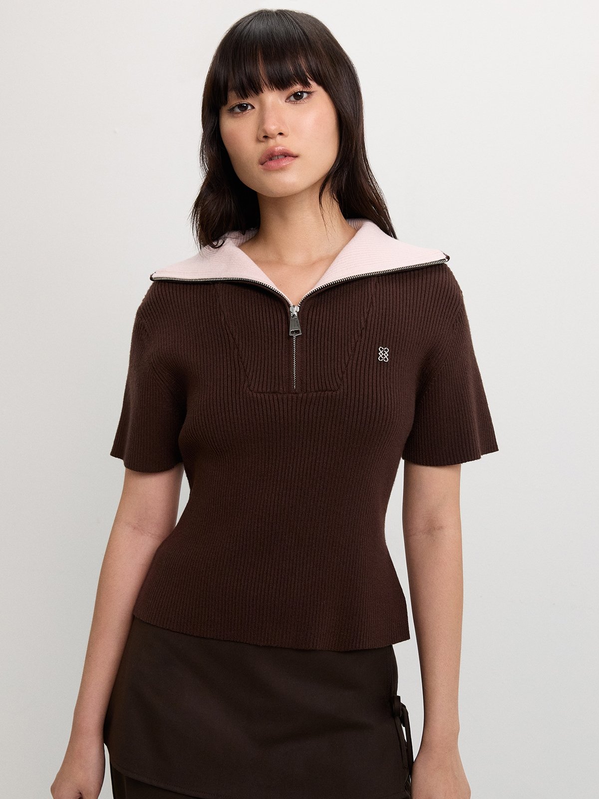 Zip-Up Ribbed Polo Top - Brown - Pomelo Fashion