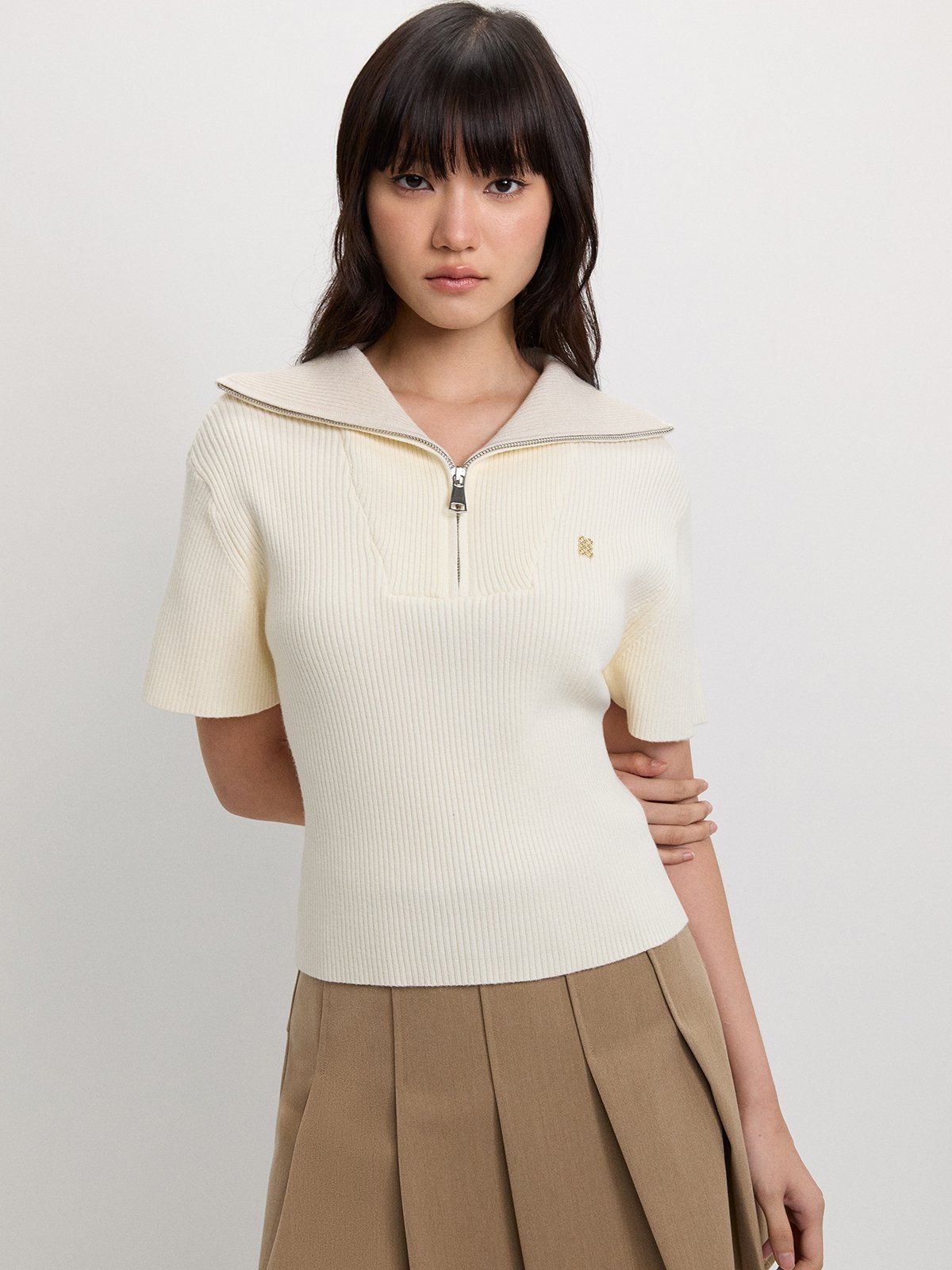 Zip-Up Ribbed Polo Top - Ivory - Pomelo Fashion