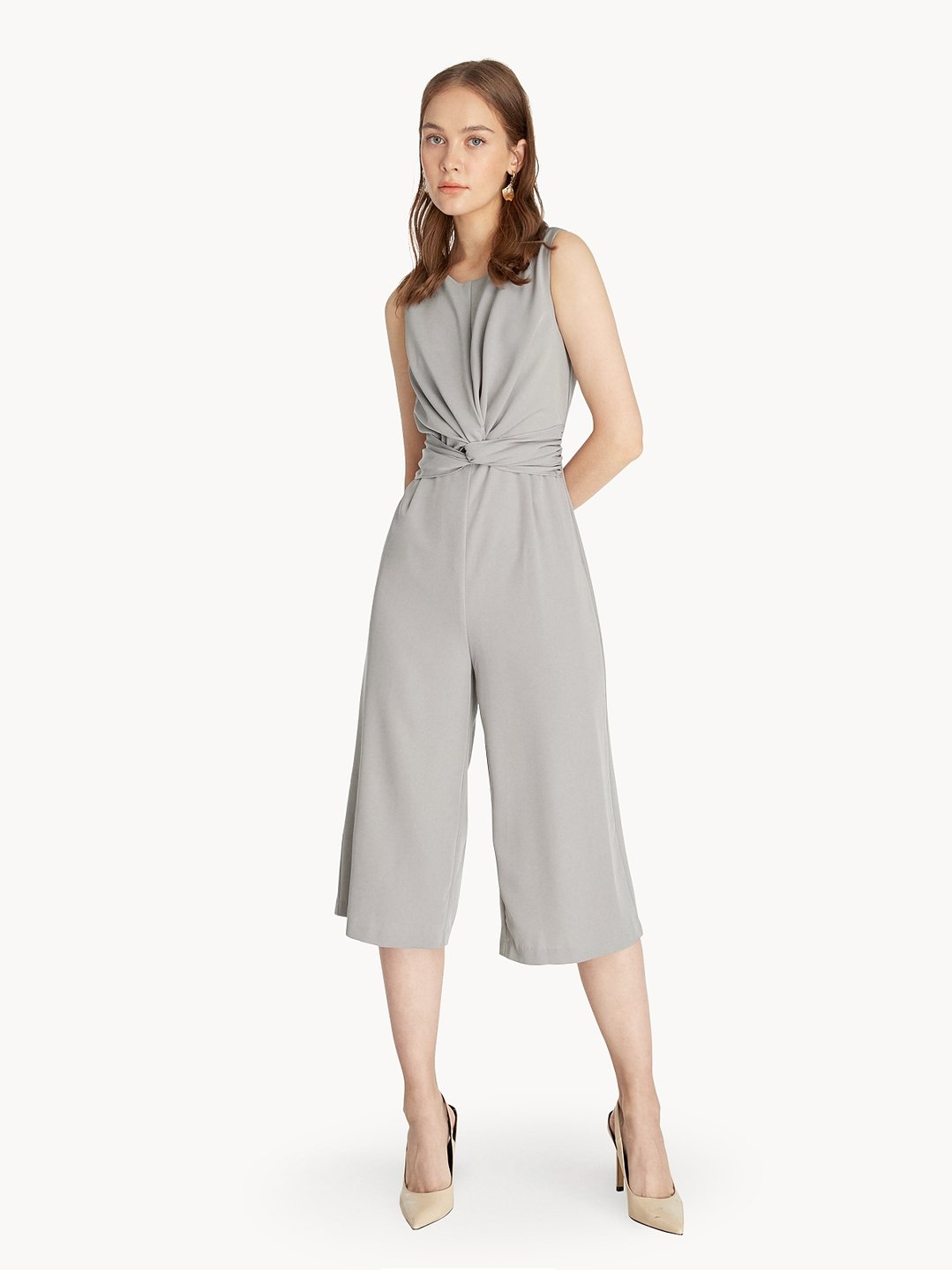 Twist Front Cropped Jumpsuit - Light Grey - Pomelo Fashion