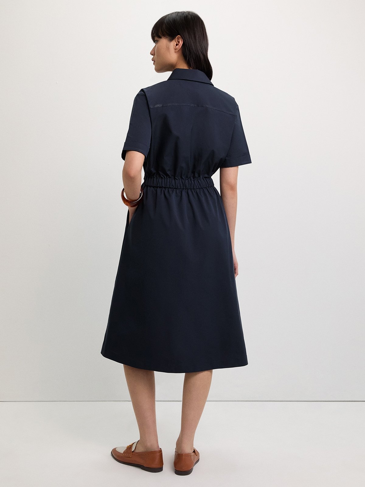 Drawstring Shirt Dress - Navy - Pomelo Fashion