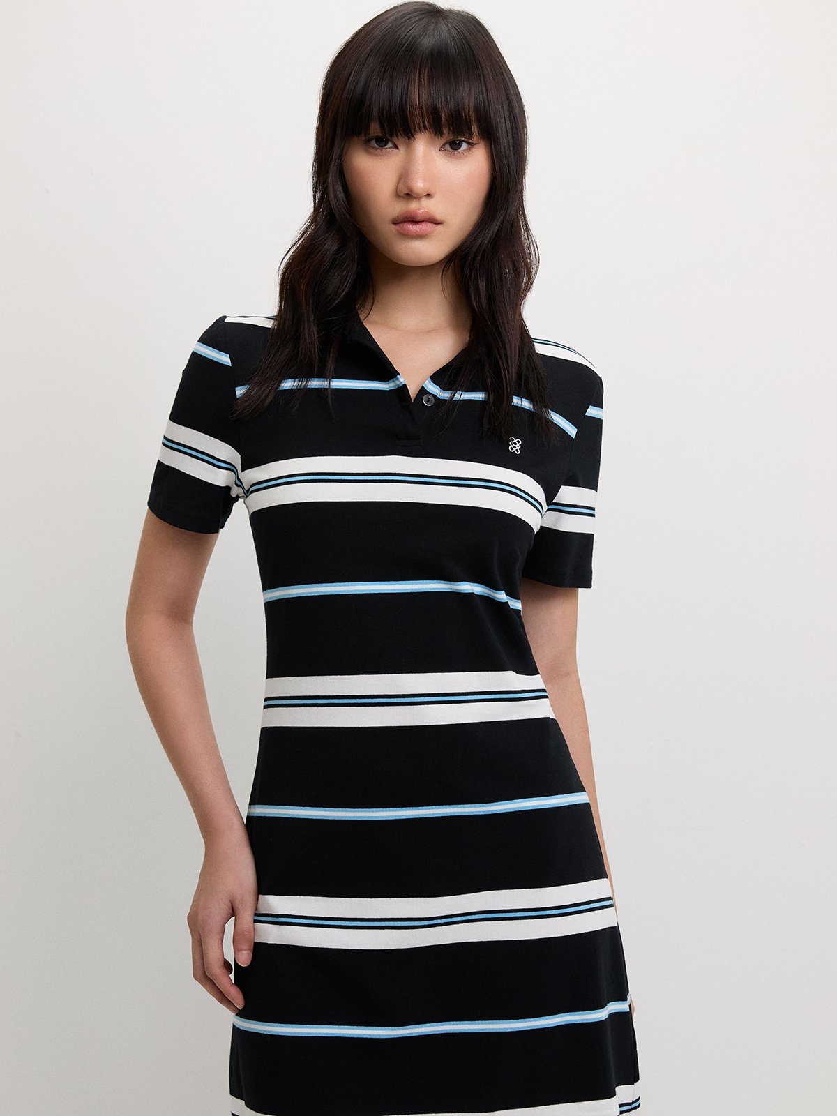 Striped Polo Dress - Black - Pomelo Fashion