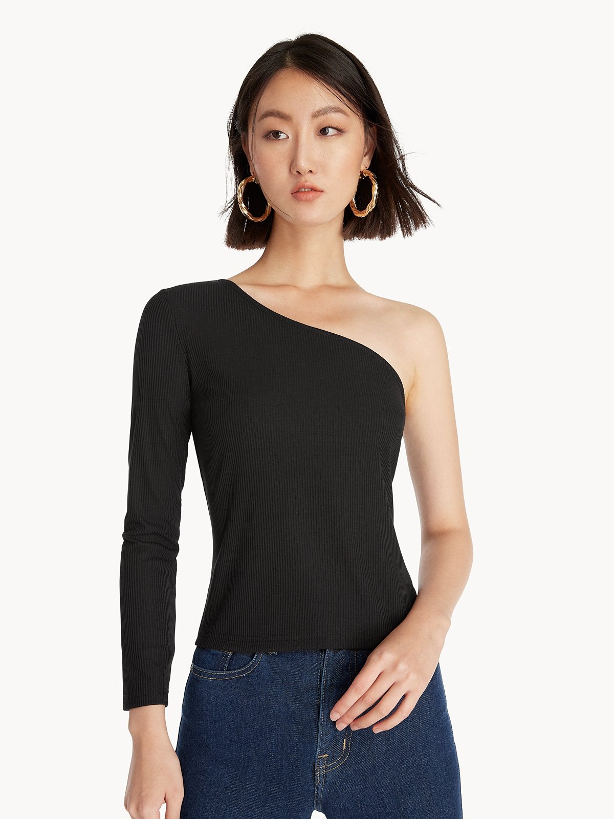 One Shoulder Ribbed Top Black Pomelo Fashion