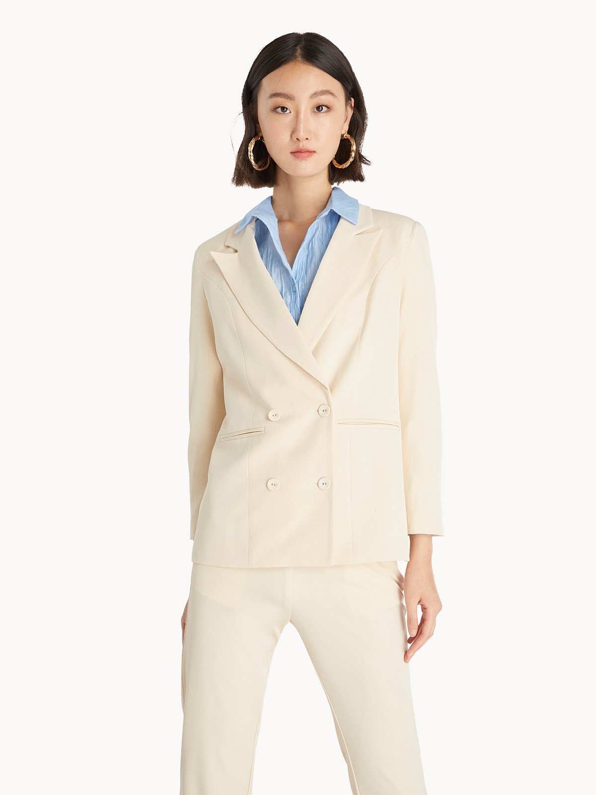 Double Breasted Loose Fit Blazer - Cream - Pomelo Fashion