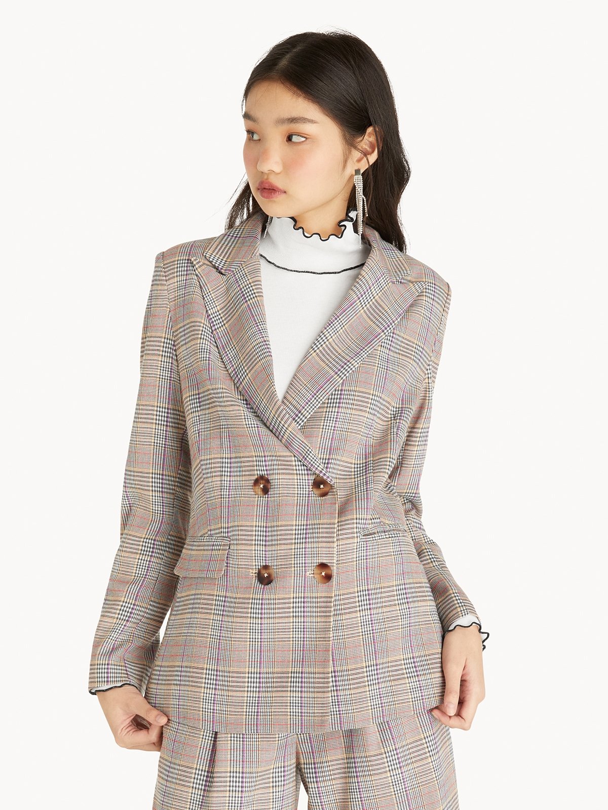 Tartan Double Breasted Blazer Purple Pomelo Fashion