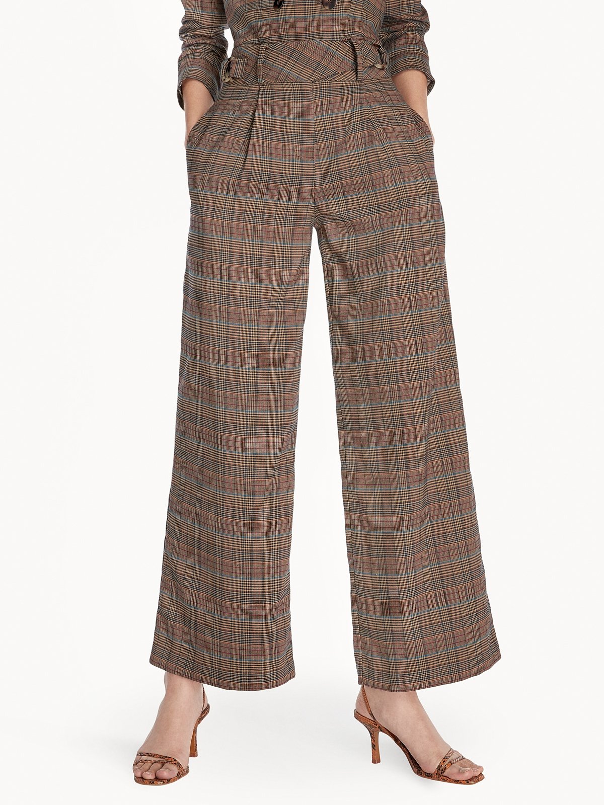 Belted Tartan Wide Leg Pants Brown Pomelo Fashion