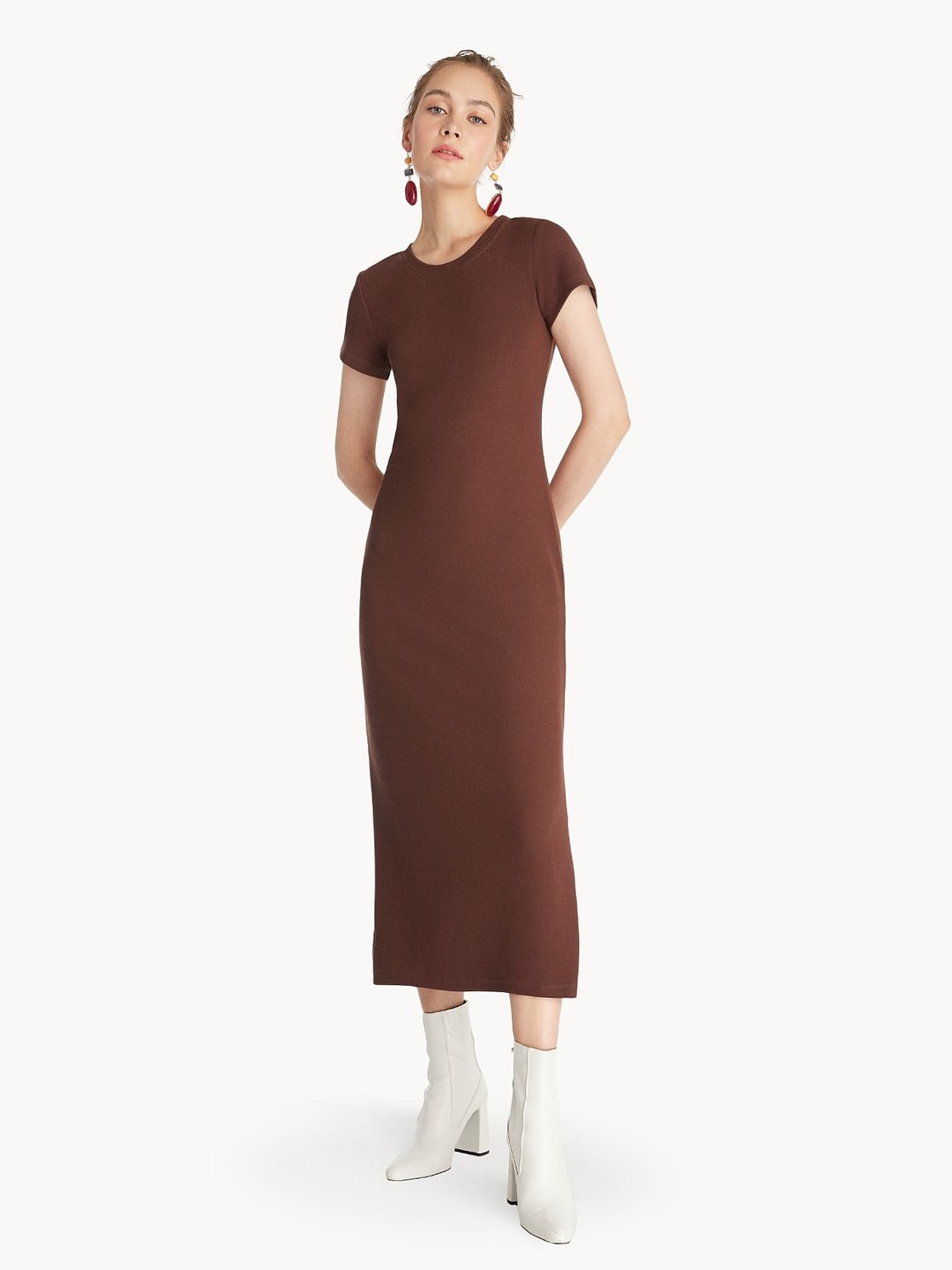 Side Slit Fitted Dress - Brown