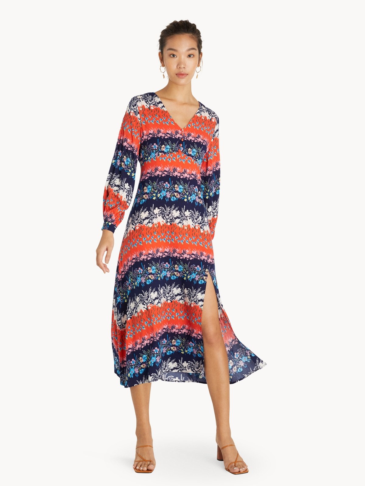 Two Tone Floral Side Slit Dress Orange Pomelo Fashion