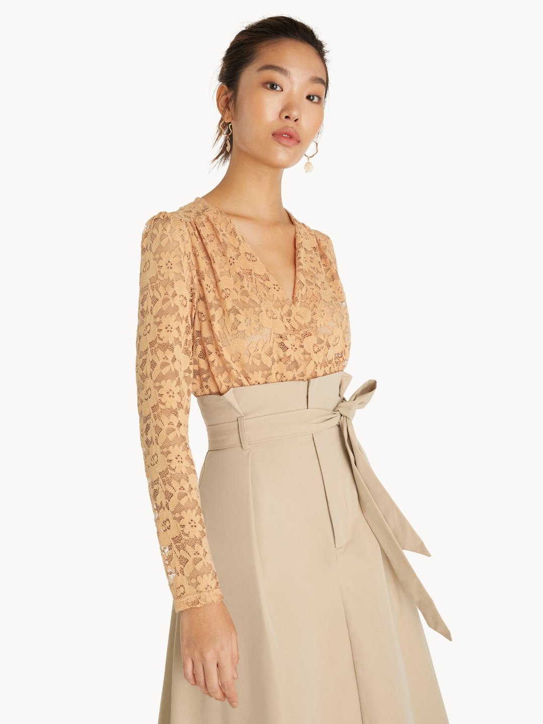 Sheer Lace Full Sleeves Bodysuit - Cream - Pomelo Fashion