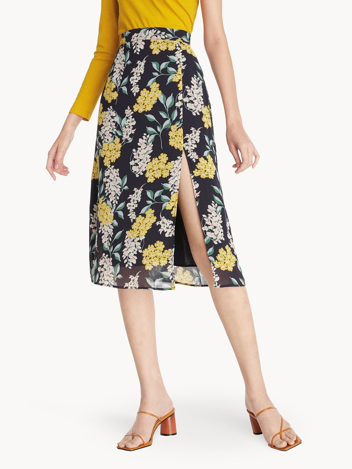 Floral print high slit skirt navy pomelo fashion