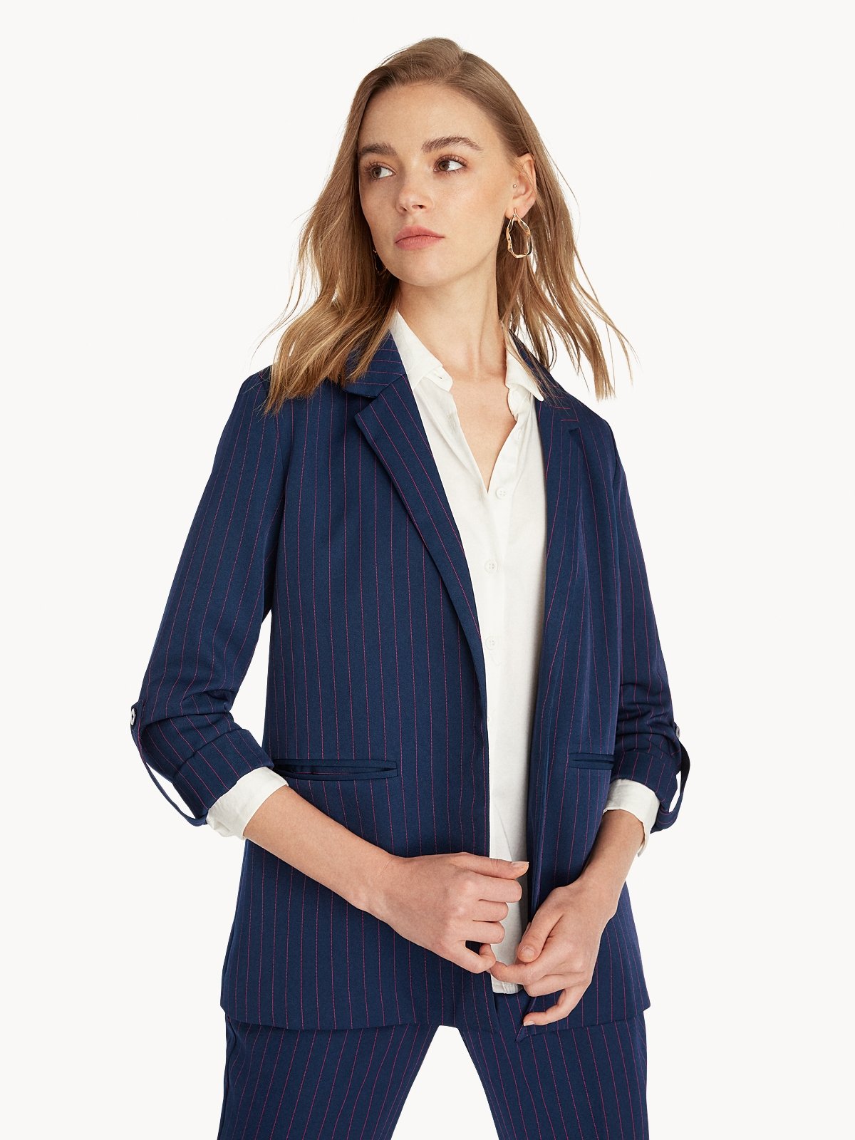 Pinstripe Cuffed Blazer Navy Pomelo Fashion