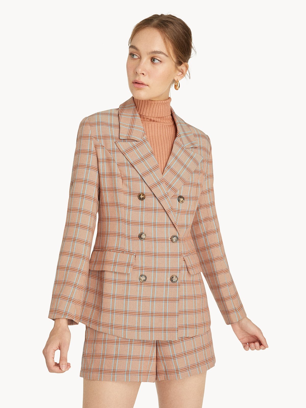 Tartan Double Breasted Blazer Pink Pomelo Fashion