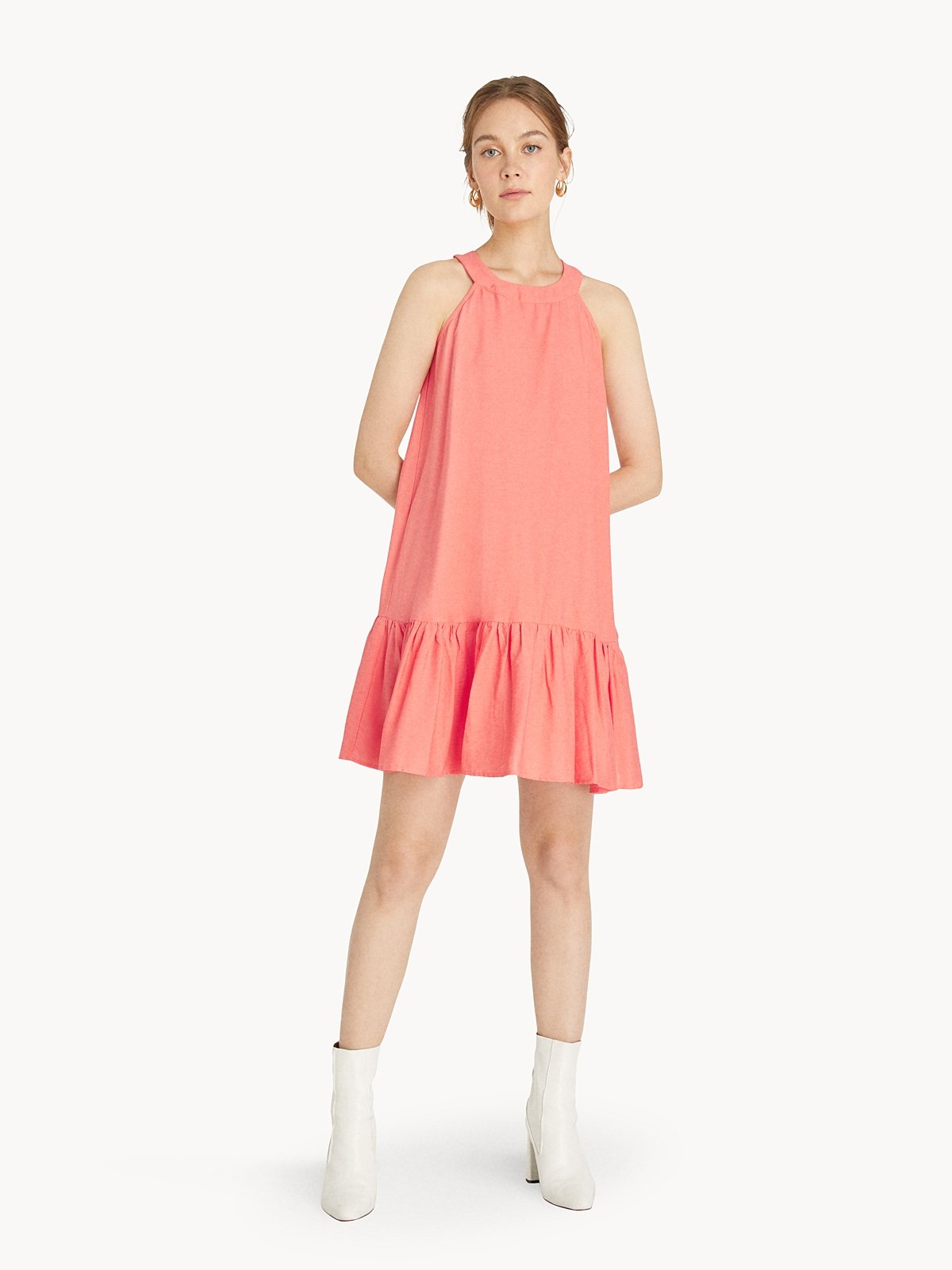 Halter Neck Frill Dress Coral Red Pomelo Fashion