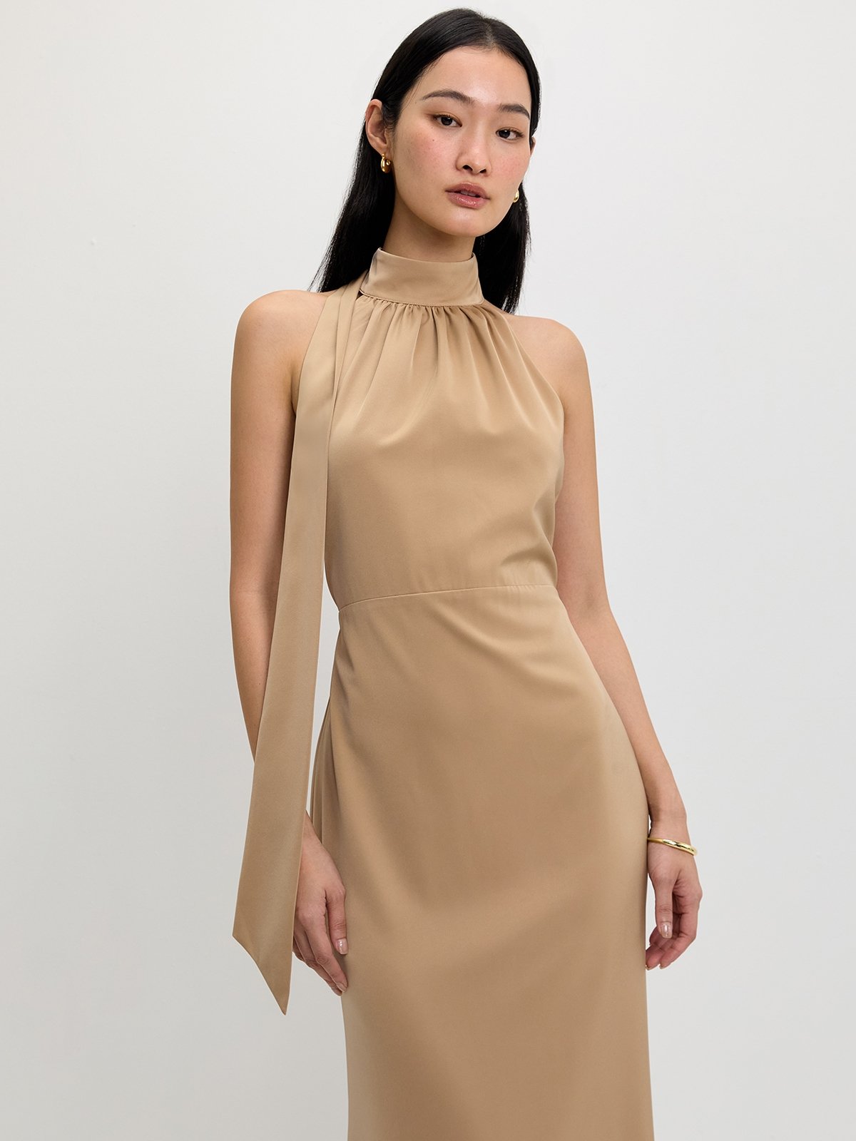 Halter Tie Dress - Beige - Pomelo Fashion