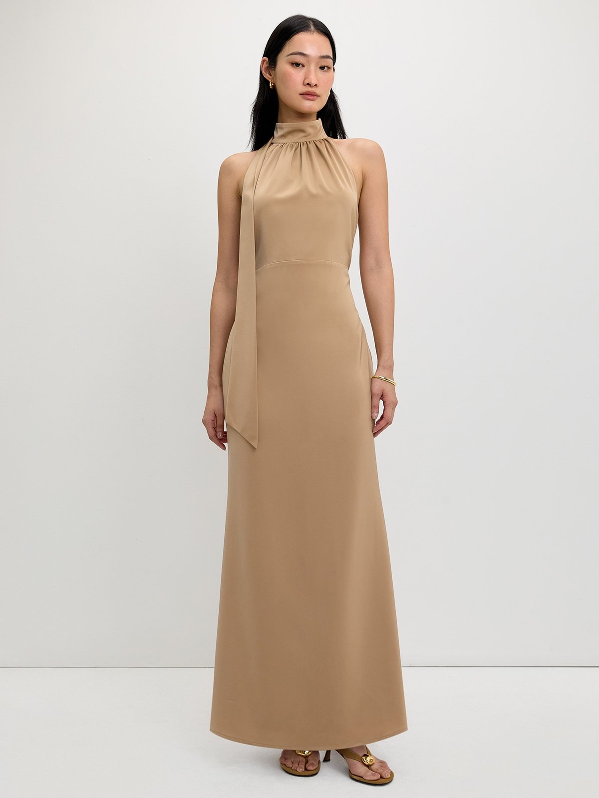 Ruched Neckline Halter Midi Dress - Khaki - Pomelo Fashion