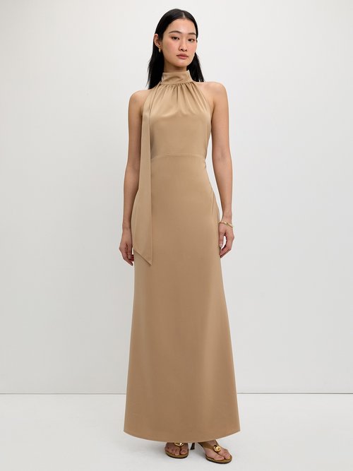 Ruched Neckline Halter Midi Dress - Khaki - Pomelo Fashion Ruched Neckline Halter Midi Dress - Khaki - Pomelo Fashion