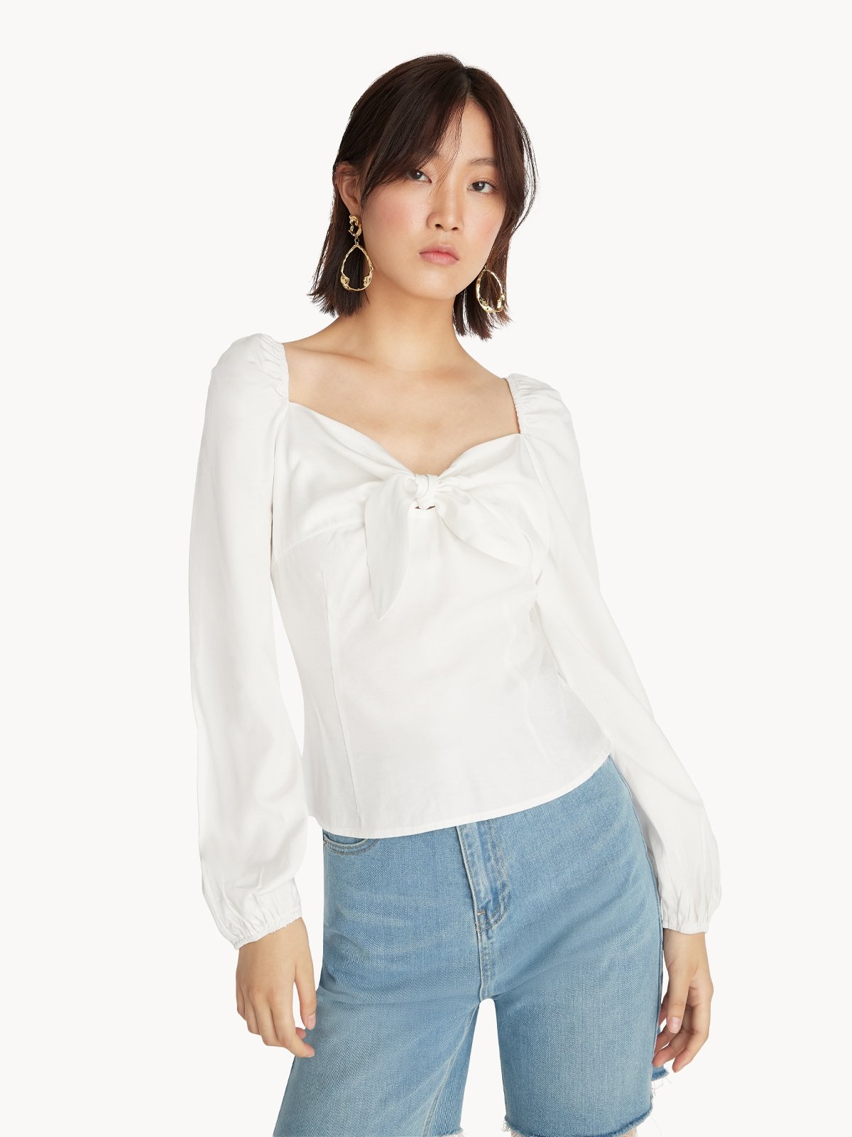 Front Bow Puff Sleeve Top White Pomelo Fashion 2592