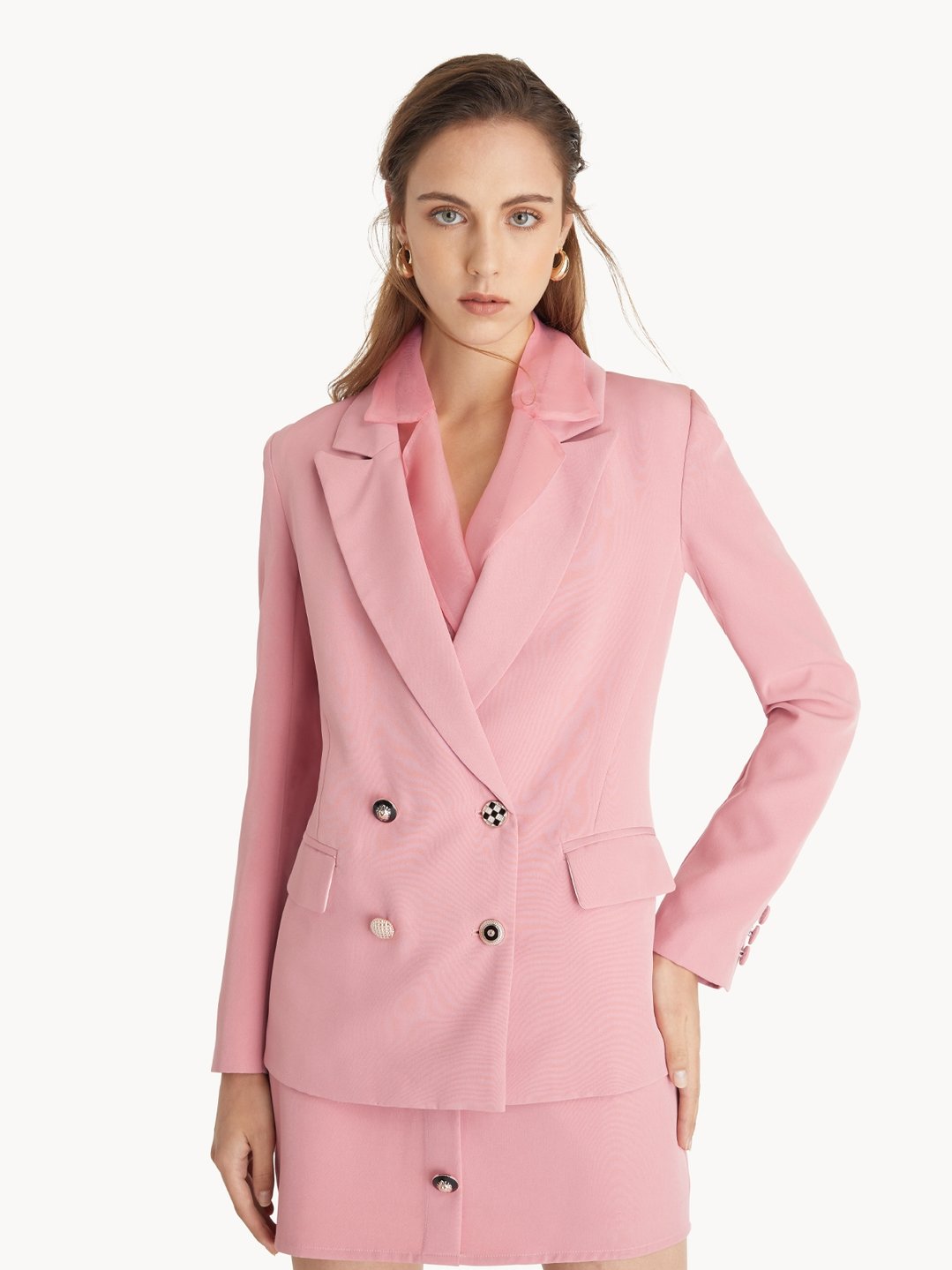 Double Breasted Loose Fit Blazer - Pink - Pomelo Fashion