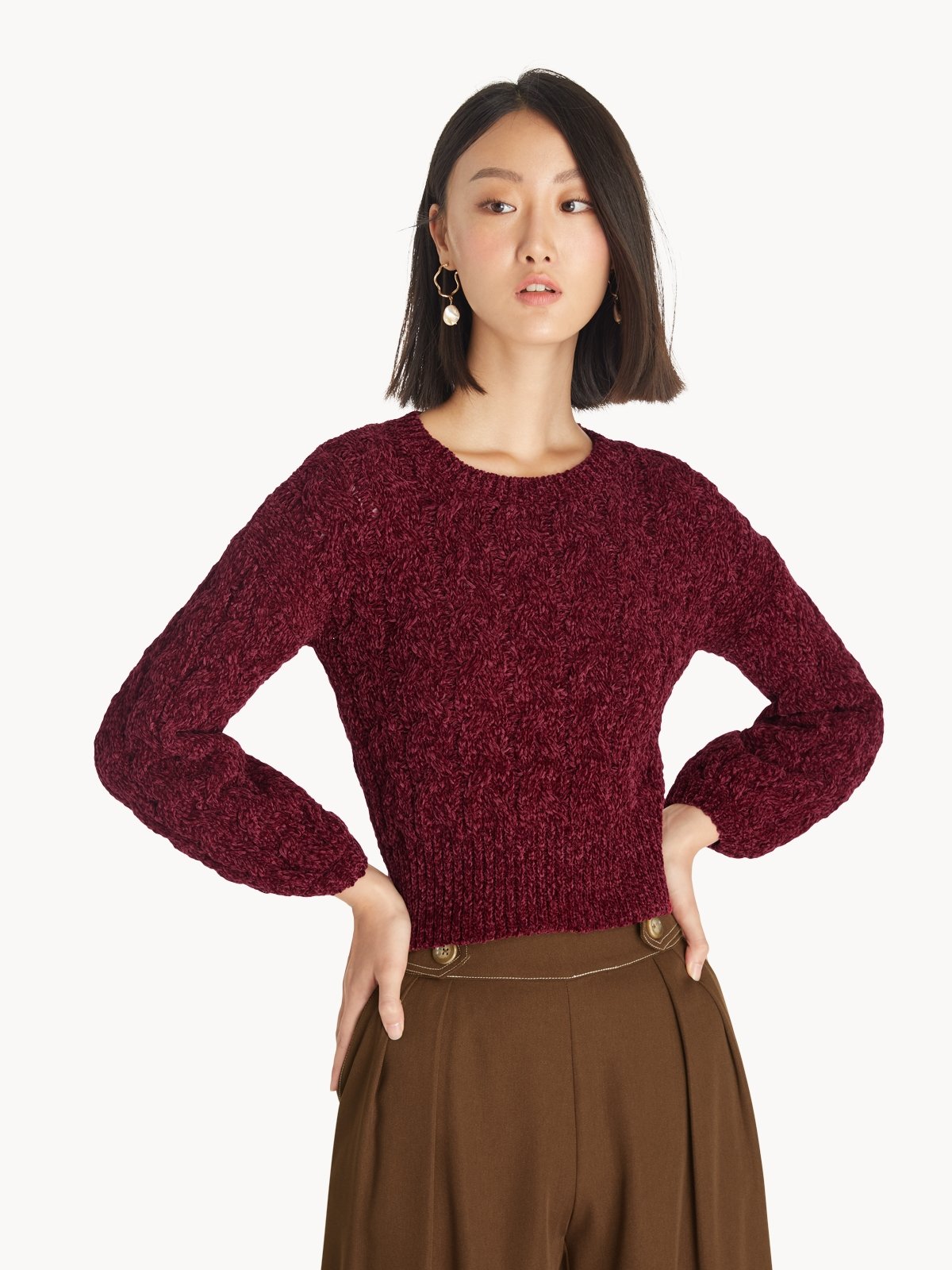 Cropped Round Neck Cable Knit Sweater Red Pomelo Fashion