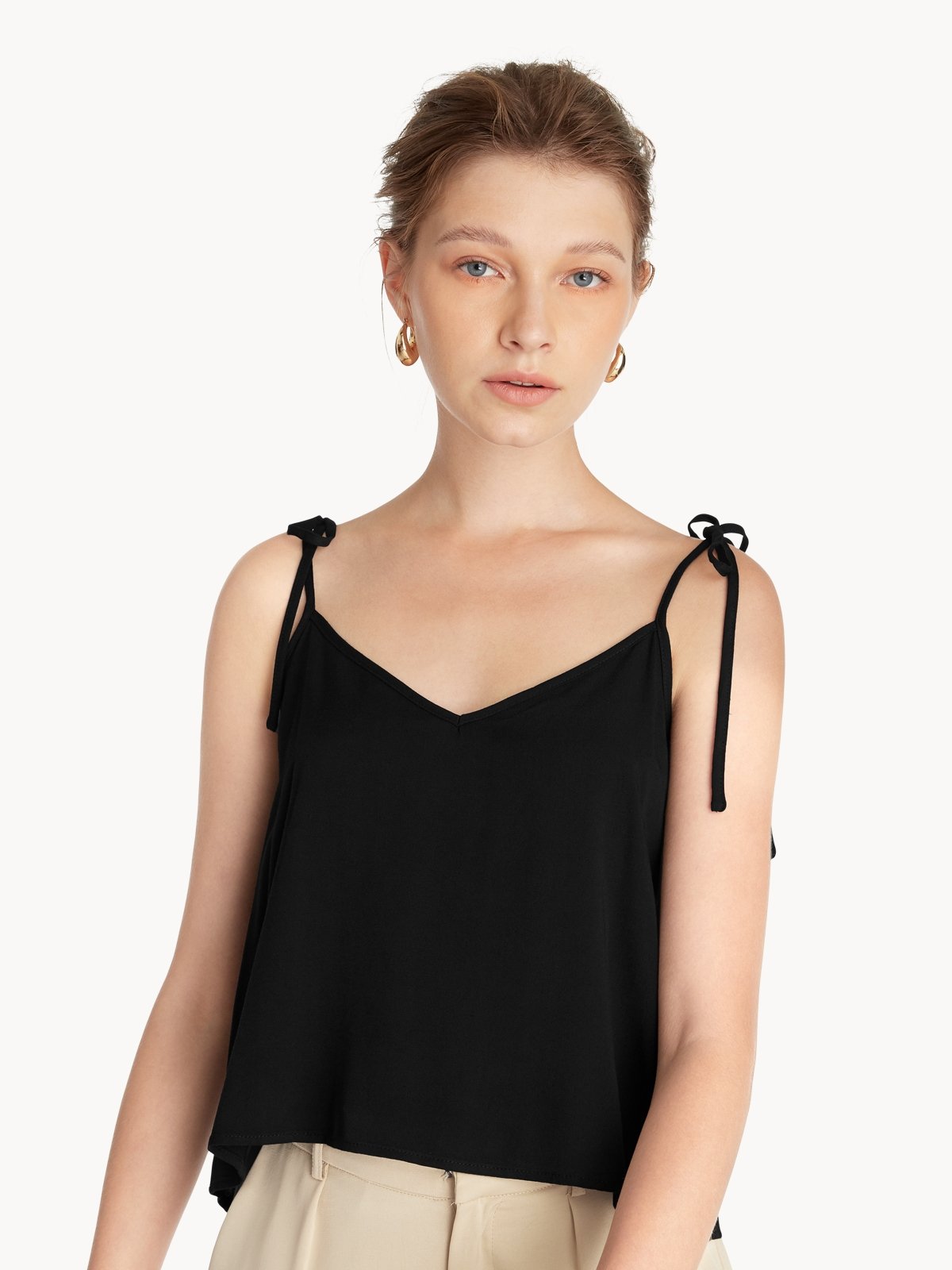 Flowy Tie Shoulder Cami Top - Black - Pomelo Fashion