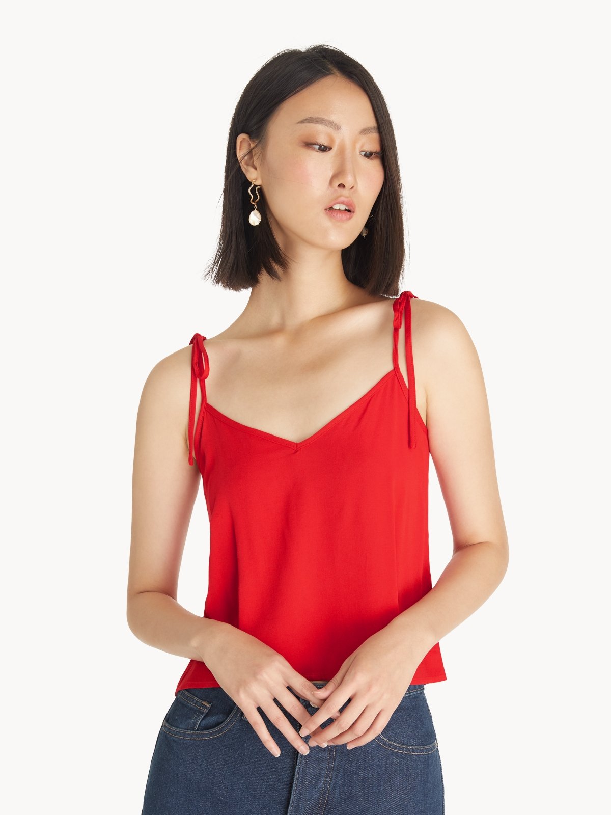 Flowy Tie Shoulder Cami Top Red Pomelo Fashion