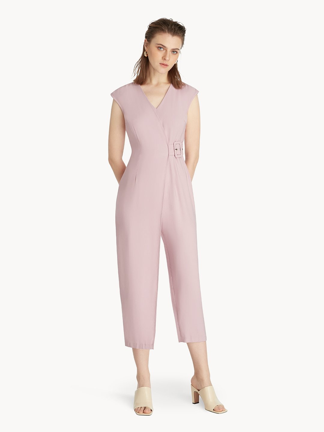 Premium Belted Jumpsuit - Pink - Pomelo Fashion