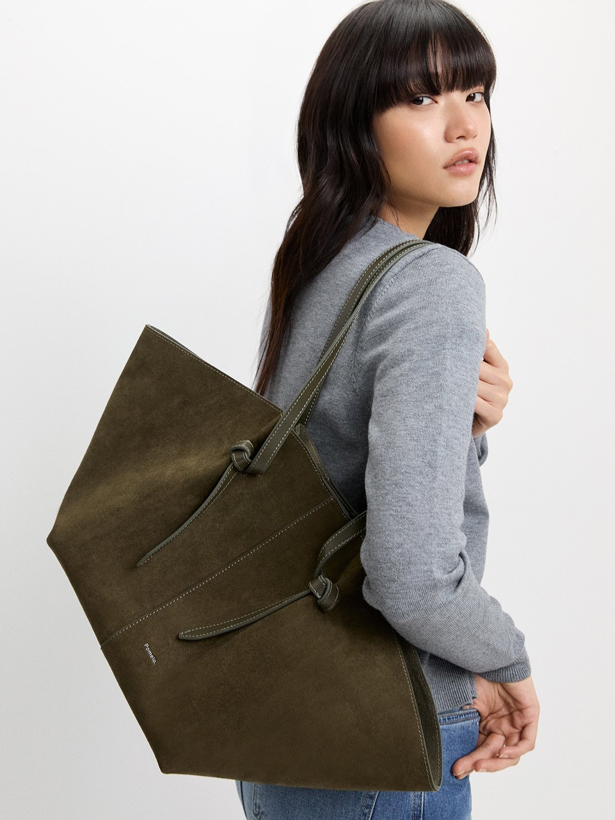 Suede Tote Bag Olive Pomelo Fashion