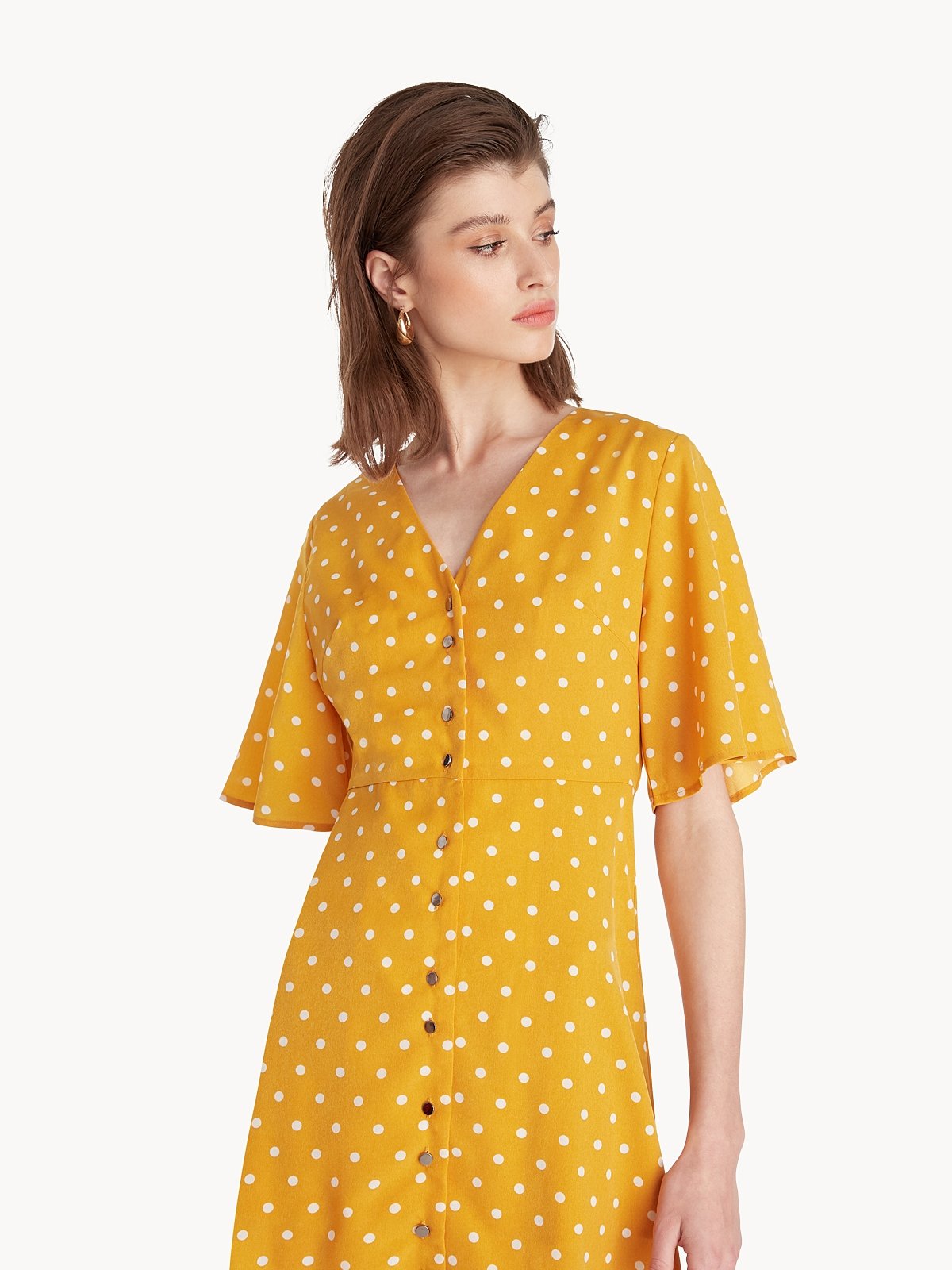 Mini Buttoned Polka Dot Dress Yellow